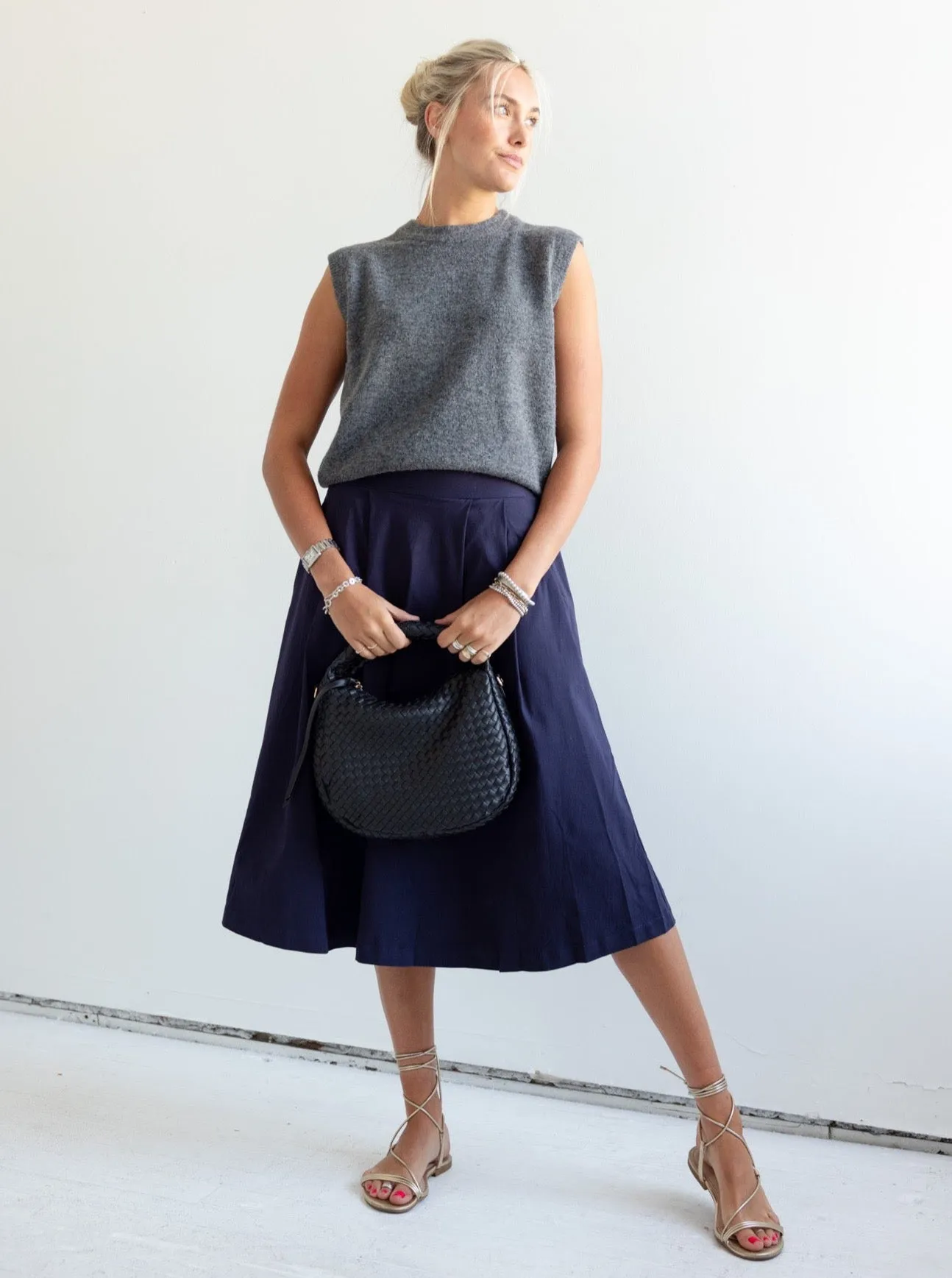 Breezy Outfit Polished Look Addison Navy Midi Skirt