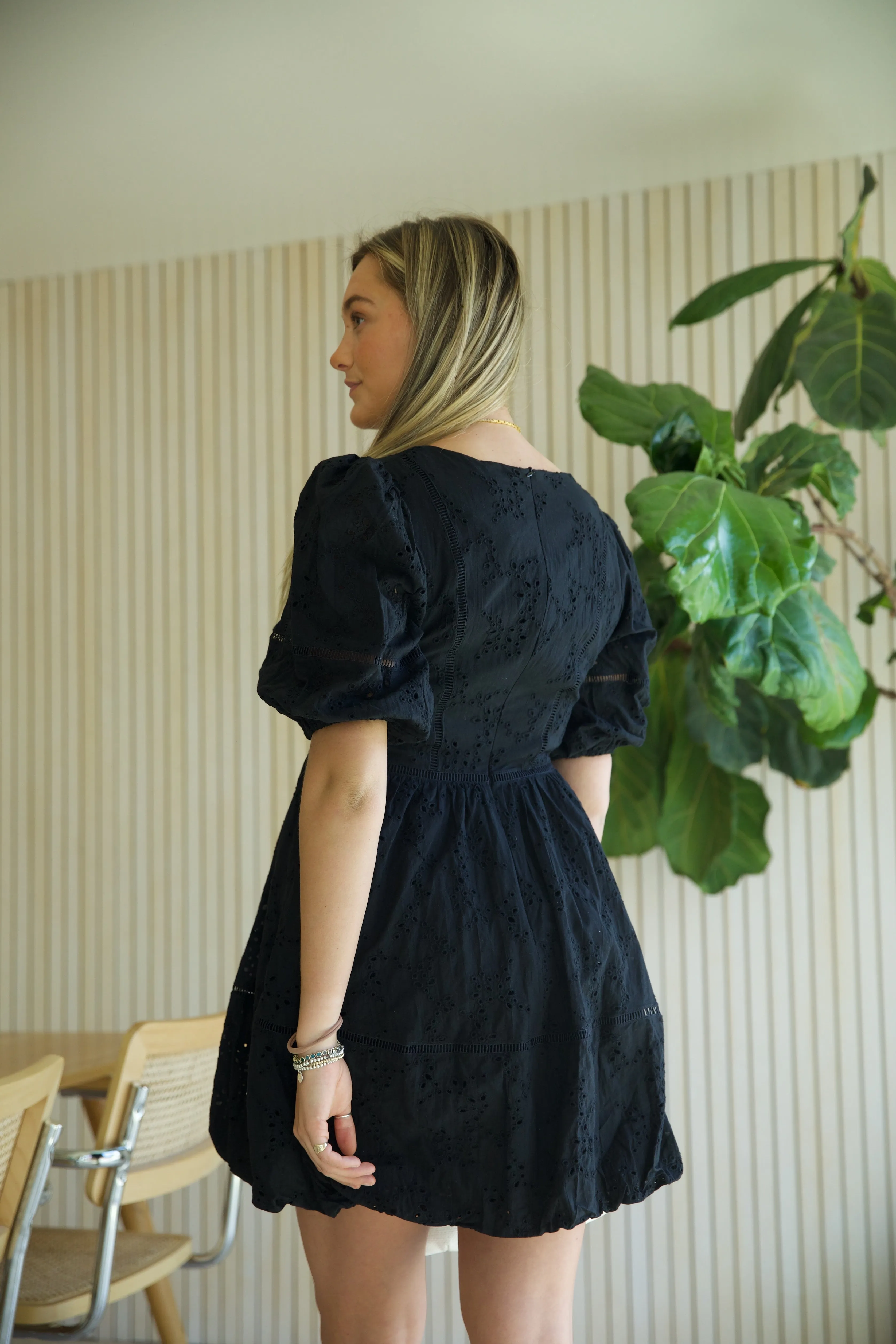 Travel Friendly Polite Vibe Black Eyelet Dress