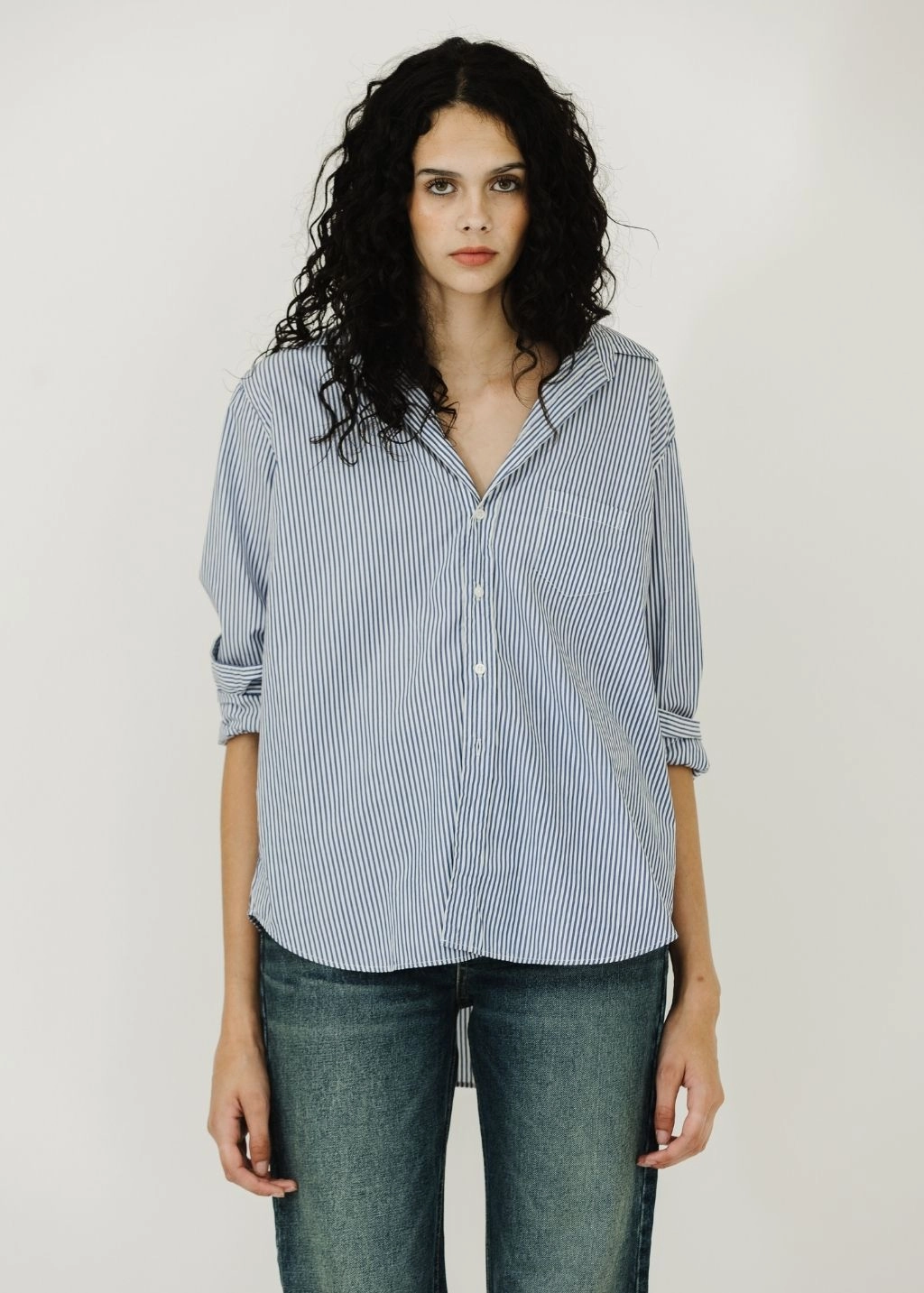Frank & Eileen 'Eileen' Button-Up in MSRT Blue Stripe Convertible Sleeve Adaptation Layered Sleeve
