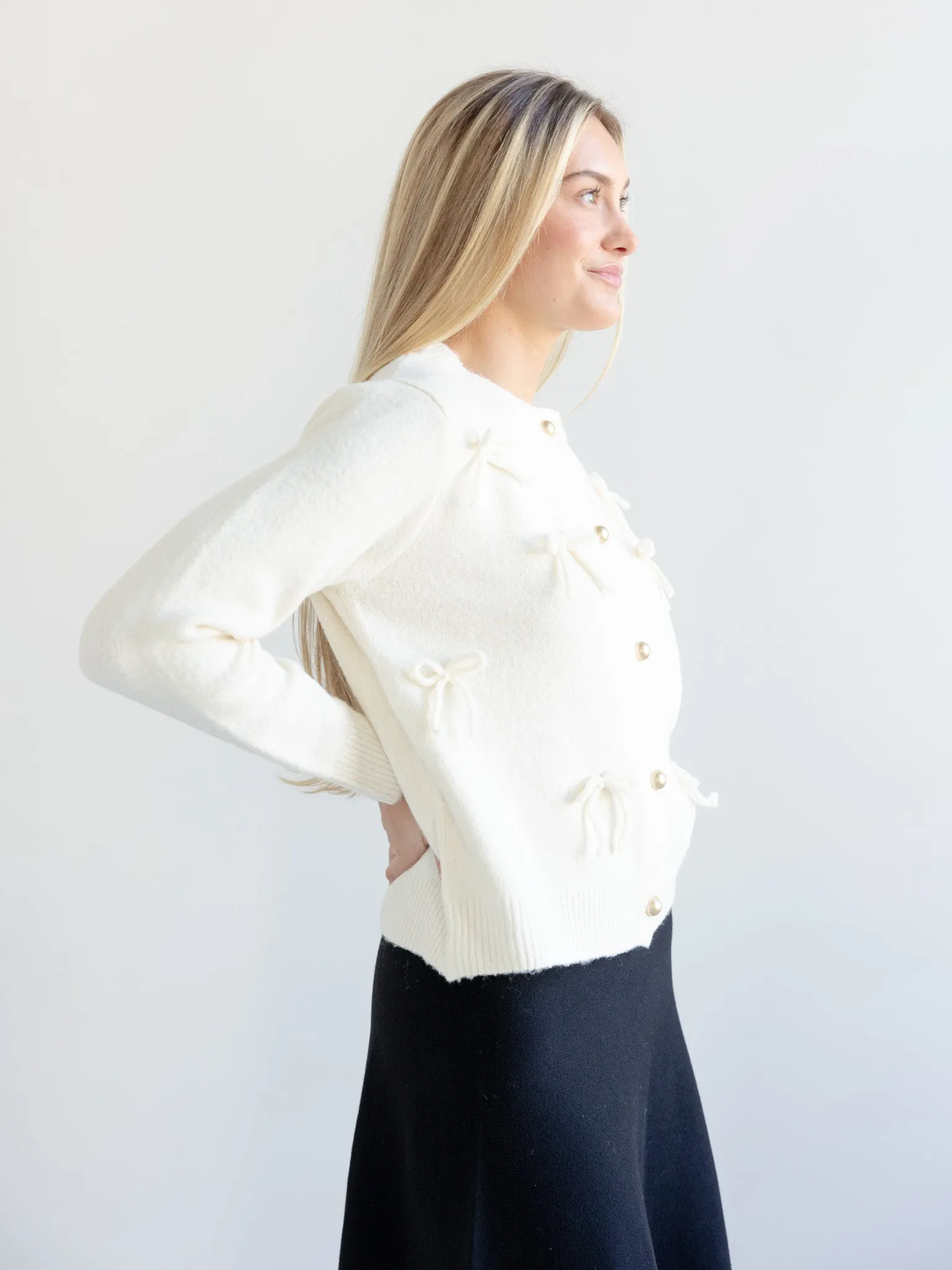 Comfy Waistband Breathable Waistband Annie Bow Cardigan Ivory