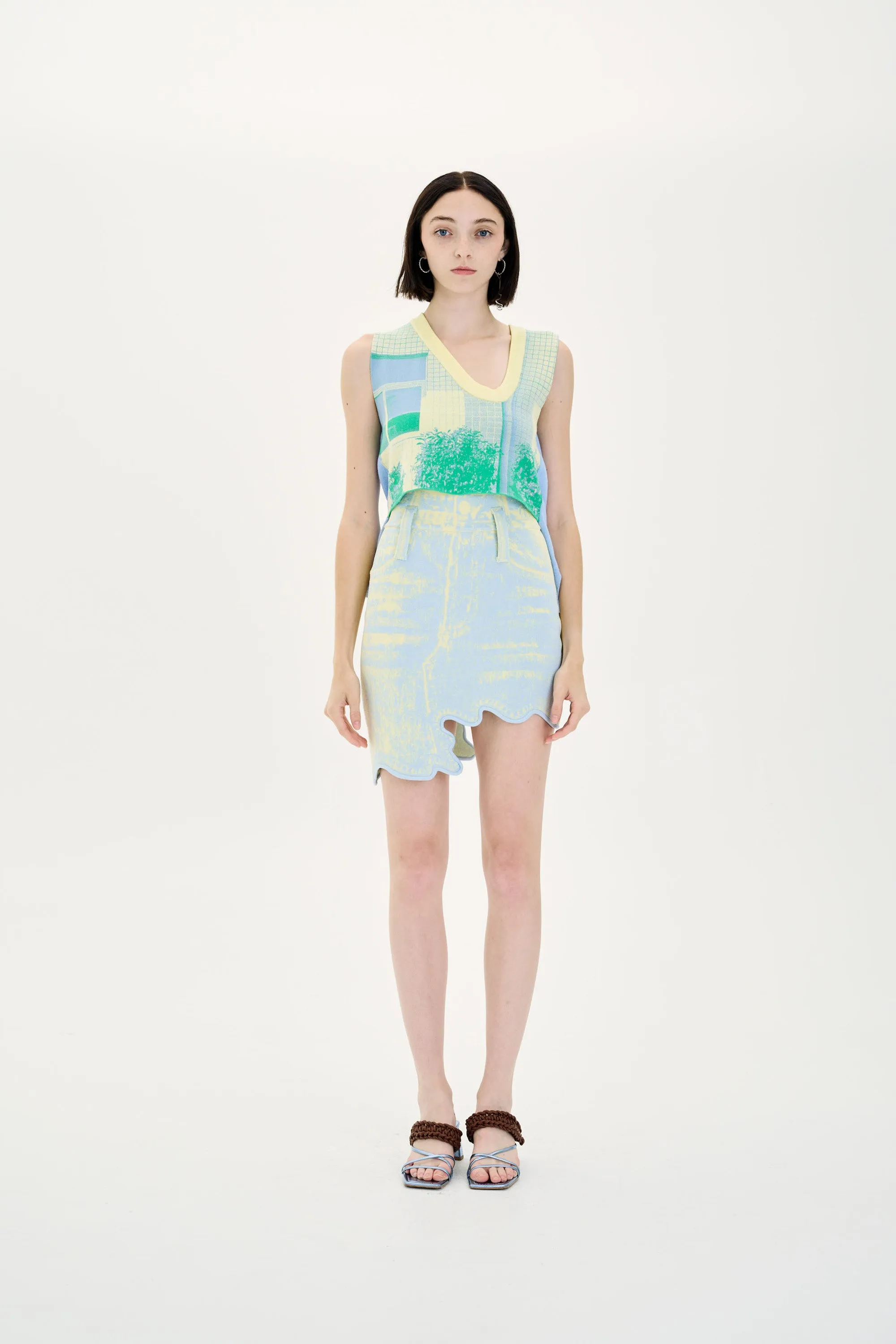 Neutral Look Chic Design Wear LINDSAY FAKE DENIM WAVY MINI SKIRT