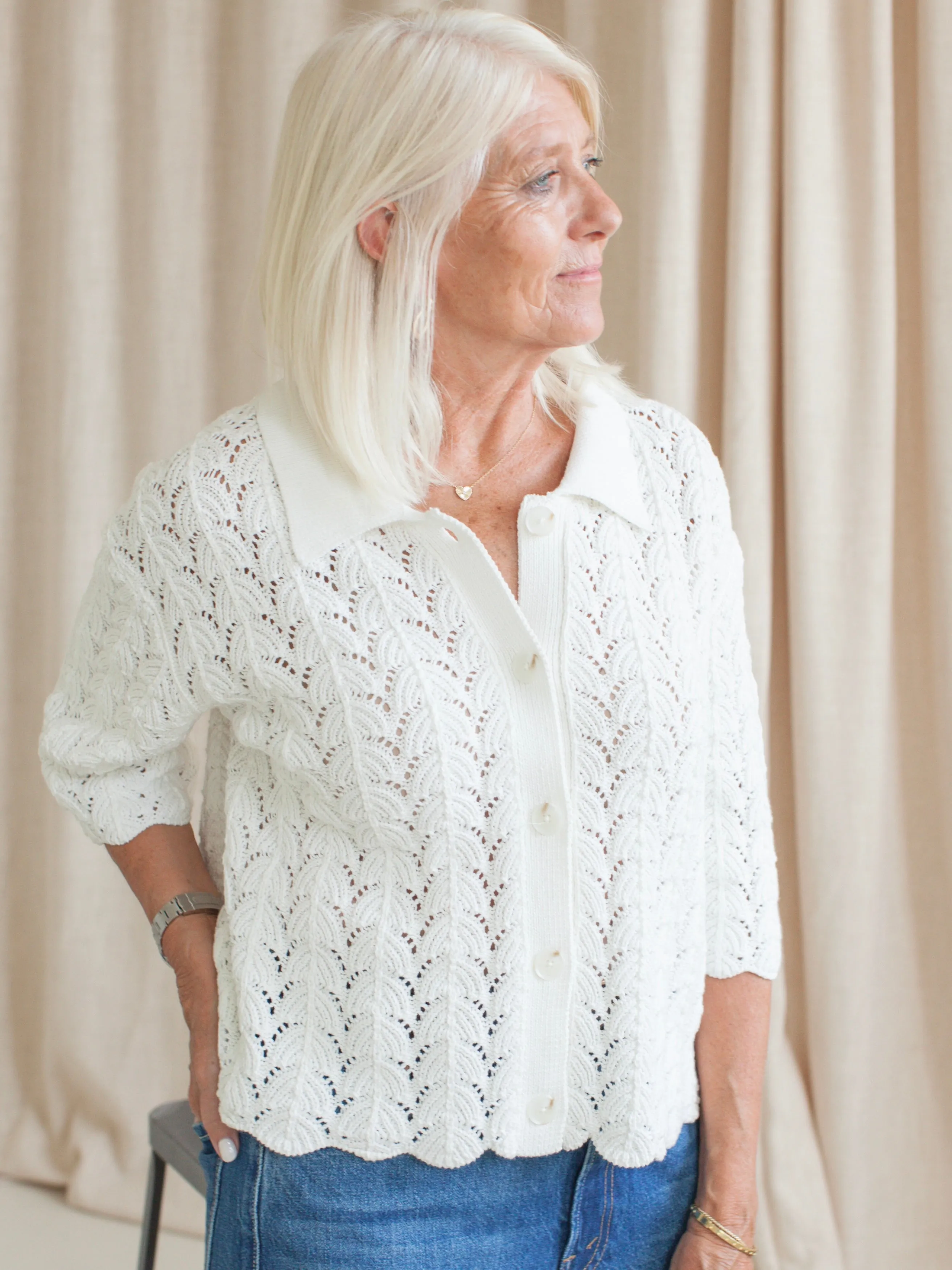 Esther Crocheted Cardigan- Ivory Cable Stitch Recycled Material Blend