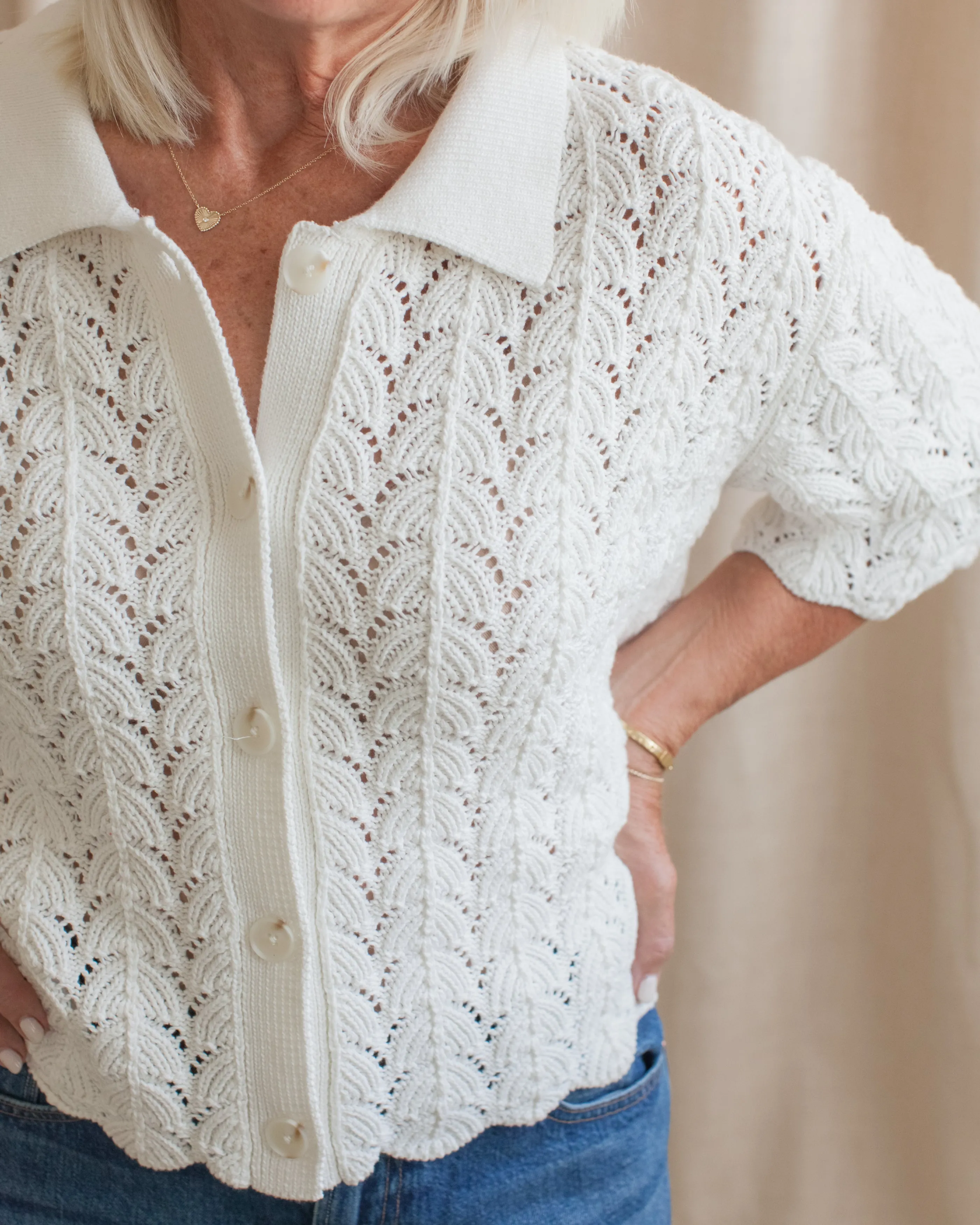 Effortless Style Cozy Appeal Esther Crocheted Cardigan- Ivory
