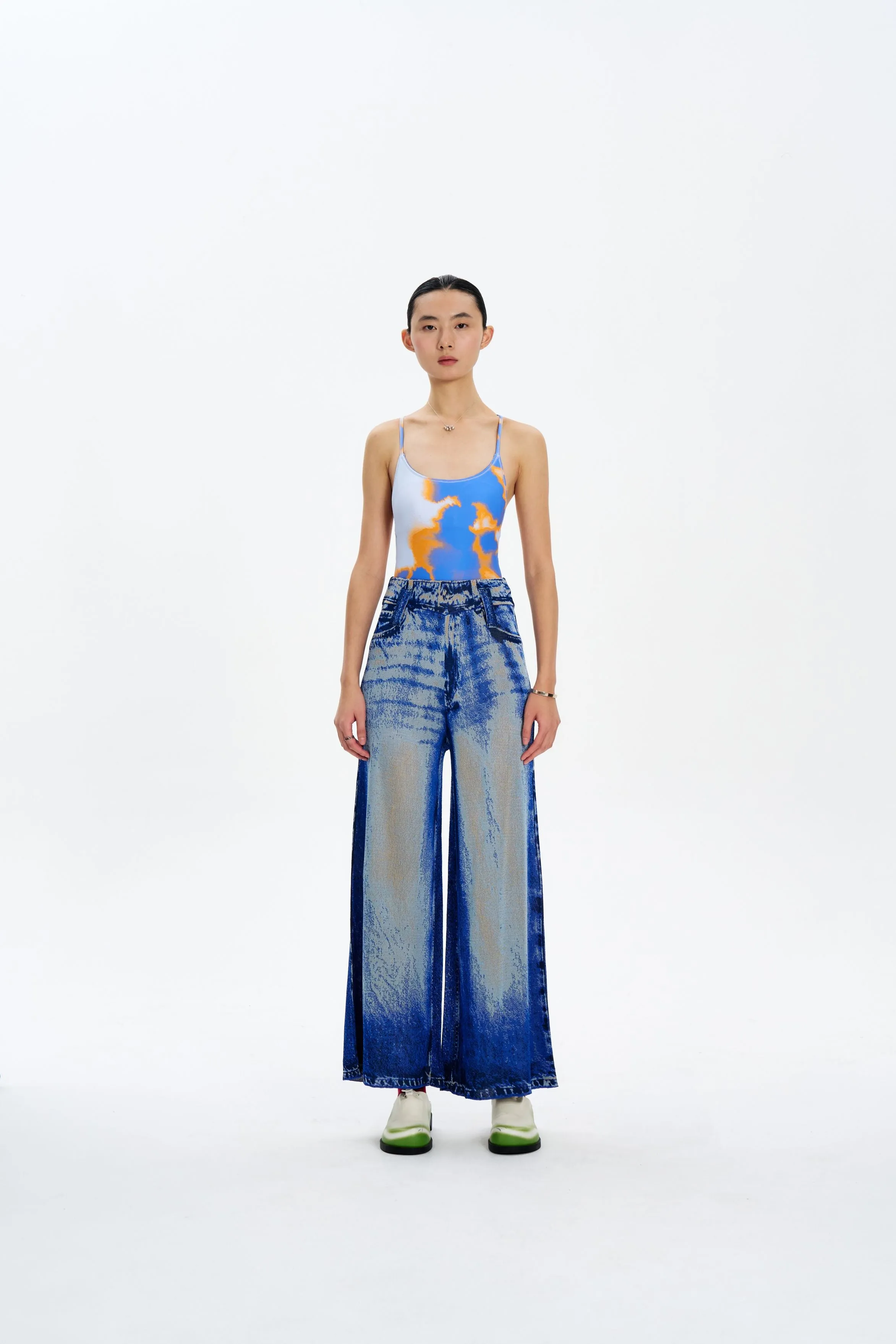 High Stretch Fit Slim Fit Wear ARIA DENIM PRINT WIDE LEG PANTS