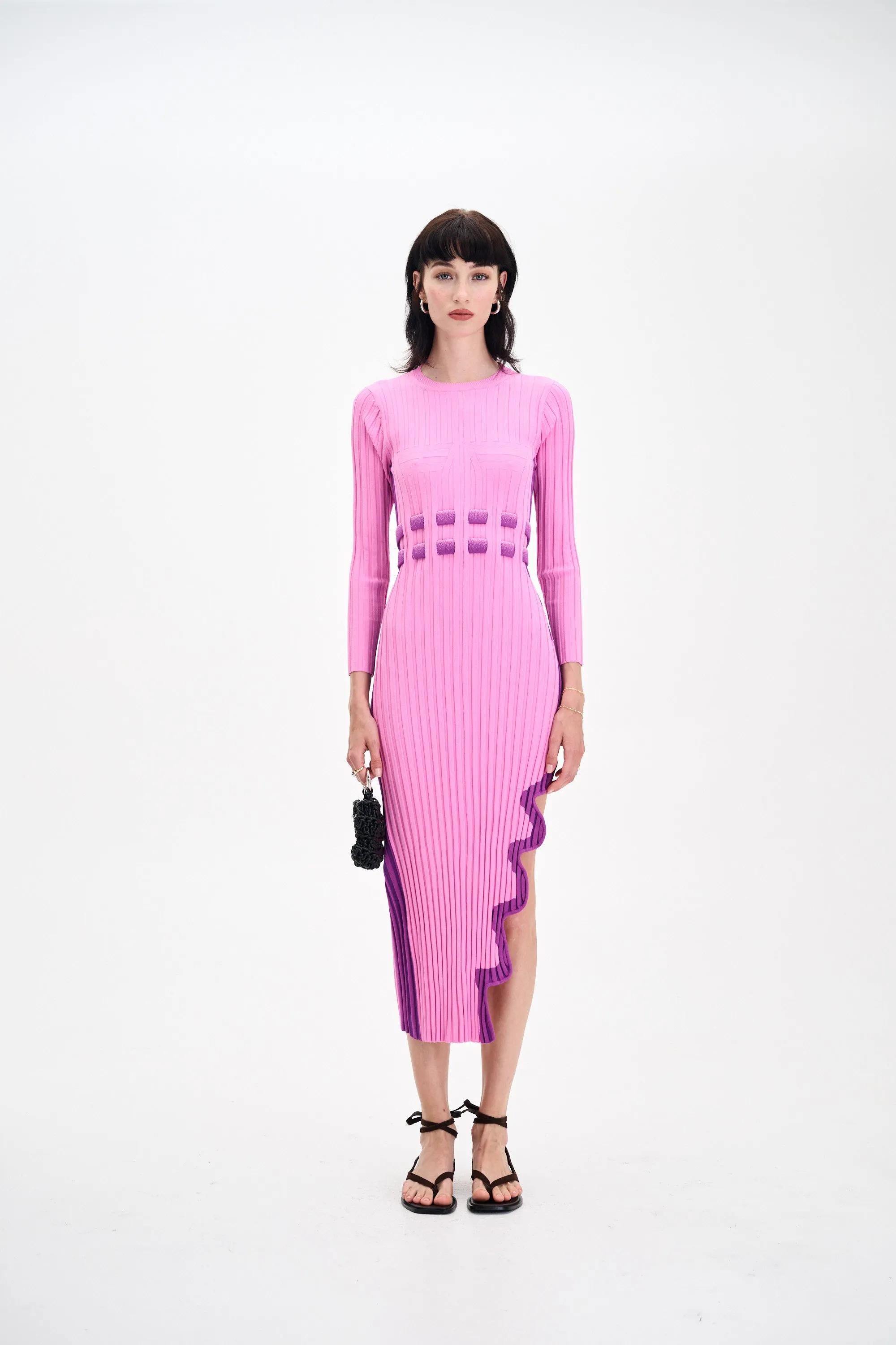 Mixed Fabric Timeless Waist ASTER LONG SLEEVE PLEATED DRESS