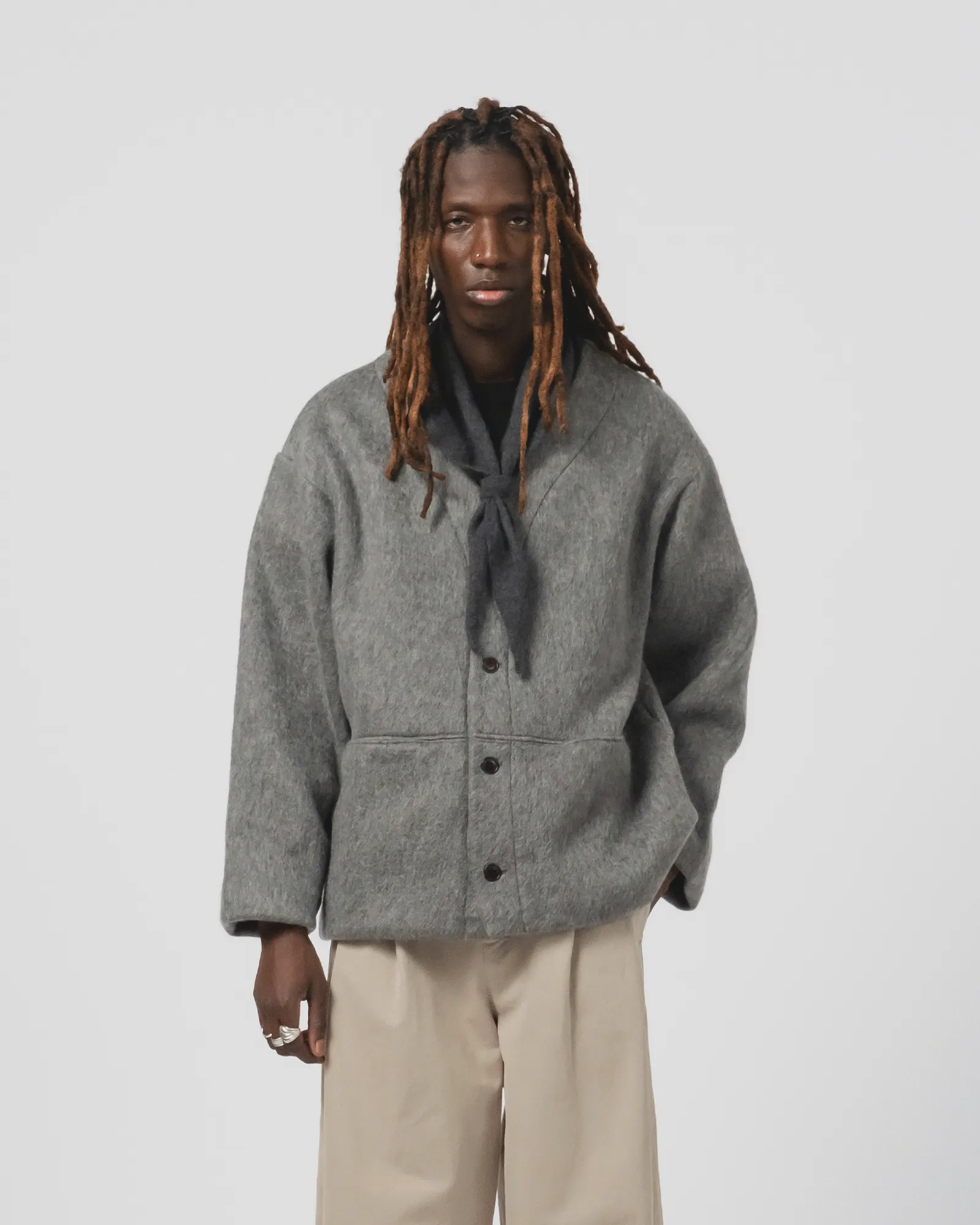 Basic Cardigan Mohair Fleece Asphalt Tapered Hem