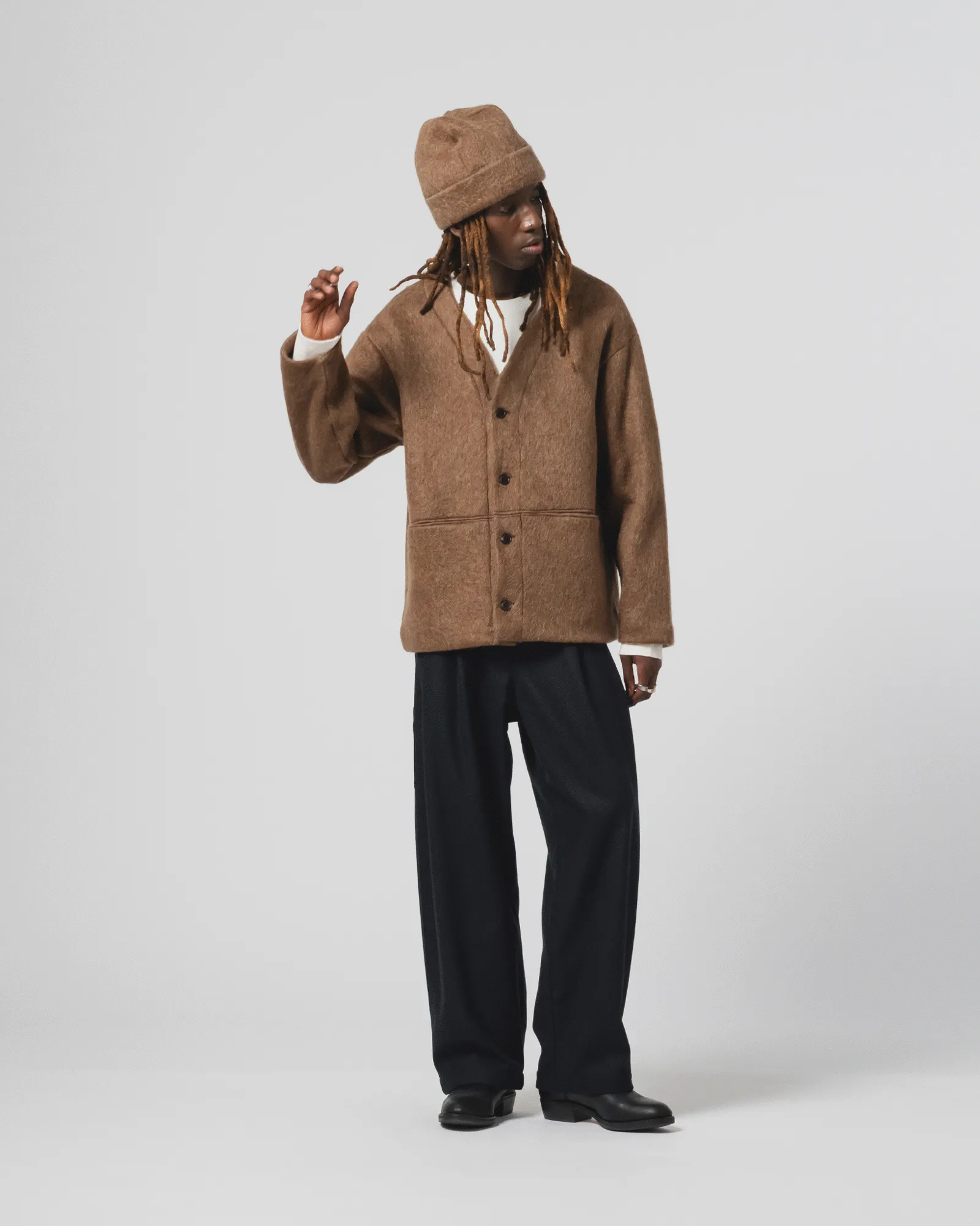 Oversized Silhouette Basic Cardigan Mohair Fleece Java Brown