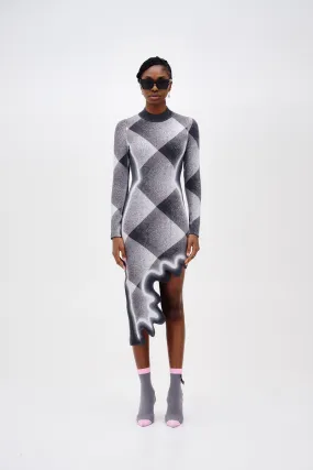 DOBBY LONG SLEEVE WAVY PLAID DRESS Sleek Volume Romantic Vibes