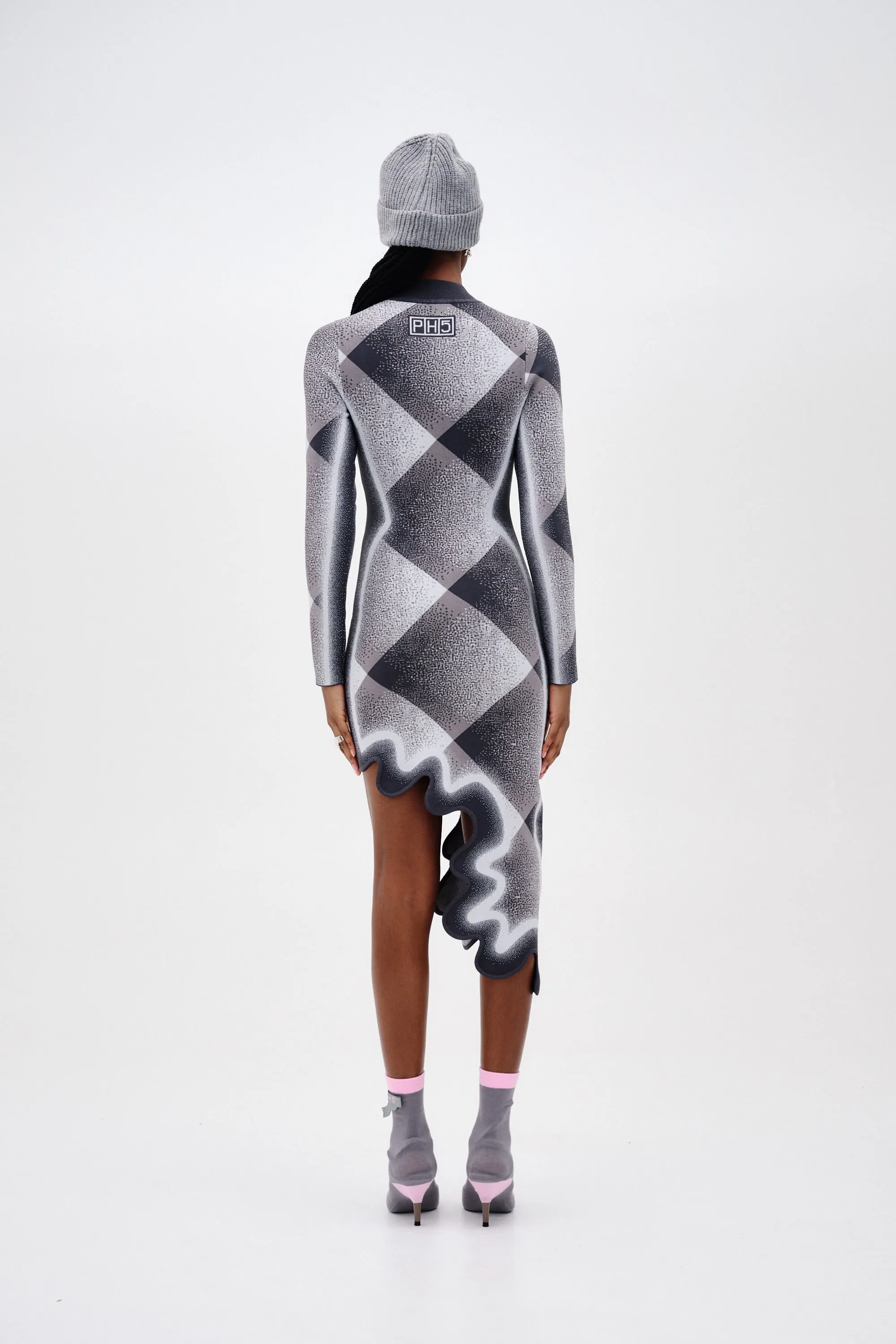 Ruffle Detail DOBBY LONG SLEEVE WAVY PLAID DRESS