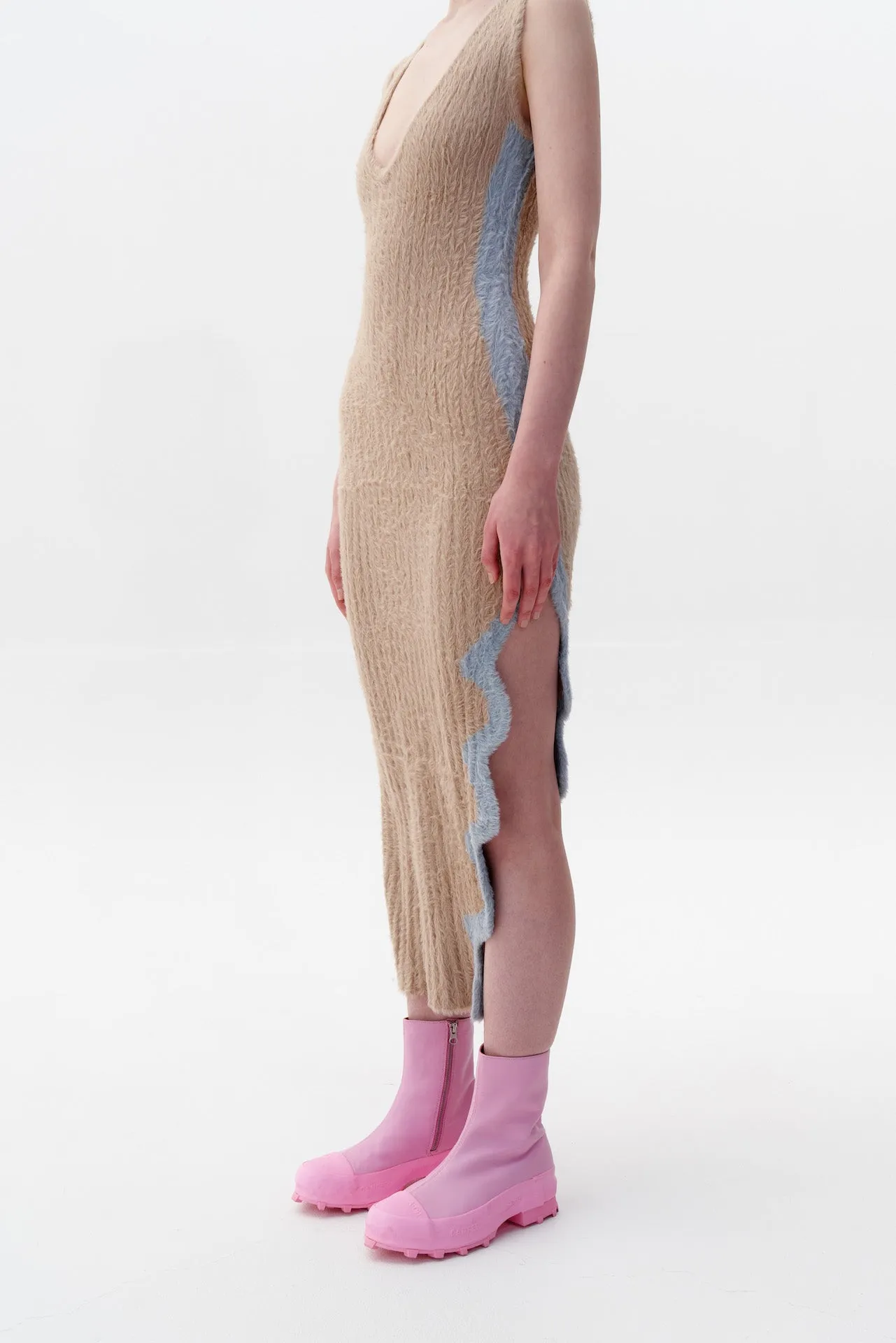 Travel-Essential Romantic-Detail SATURN ECO FAUX FUR REVERSIBLE LONG DRESS WITH SIDE SLIT