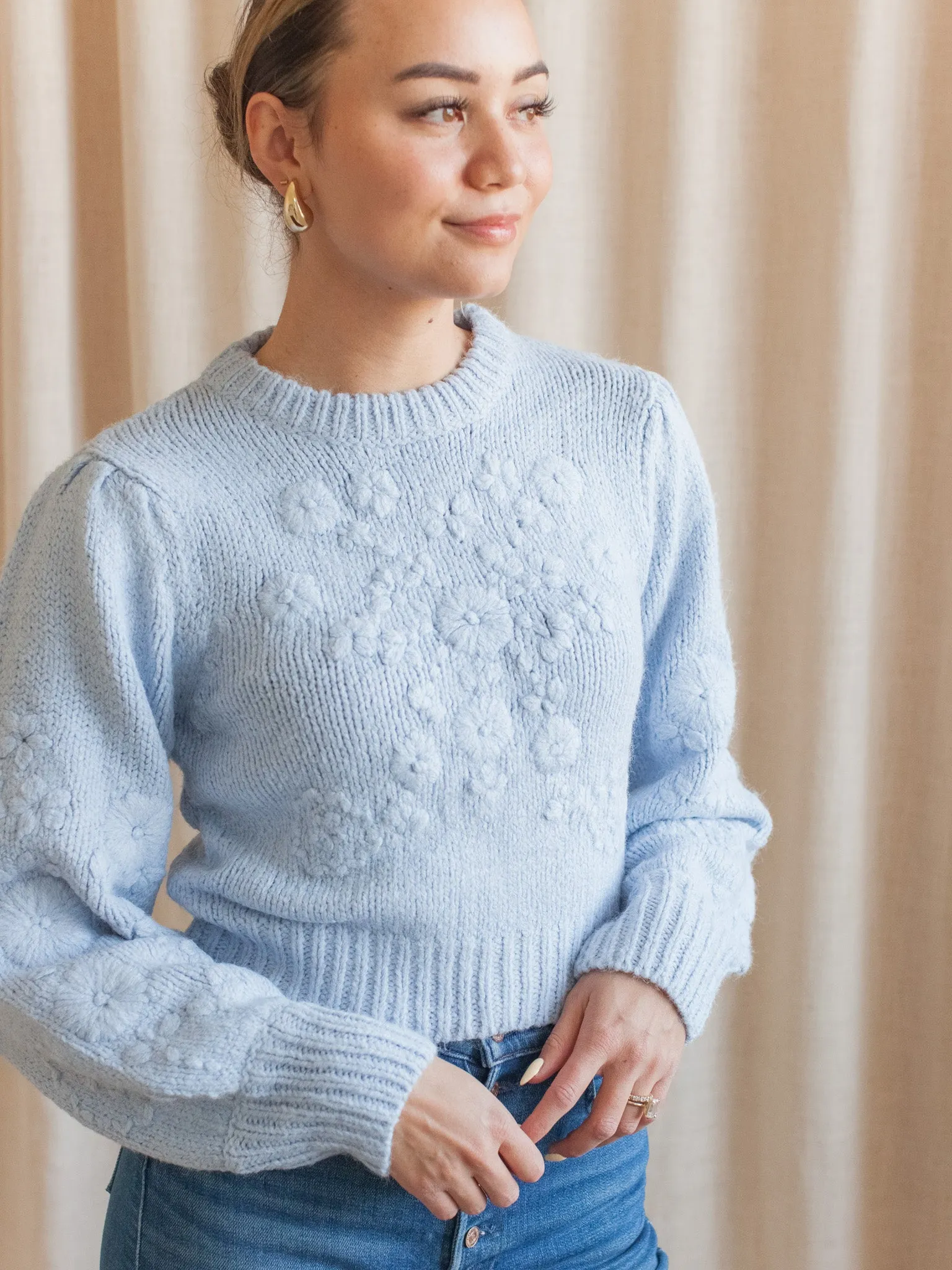 Camila Embroidered Floral Sweater Wrinkle Resistant Textile Knitted Layering