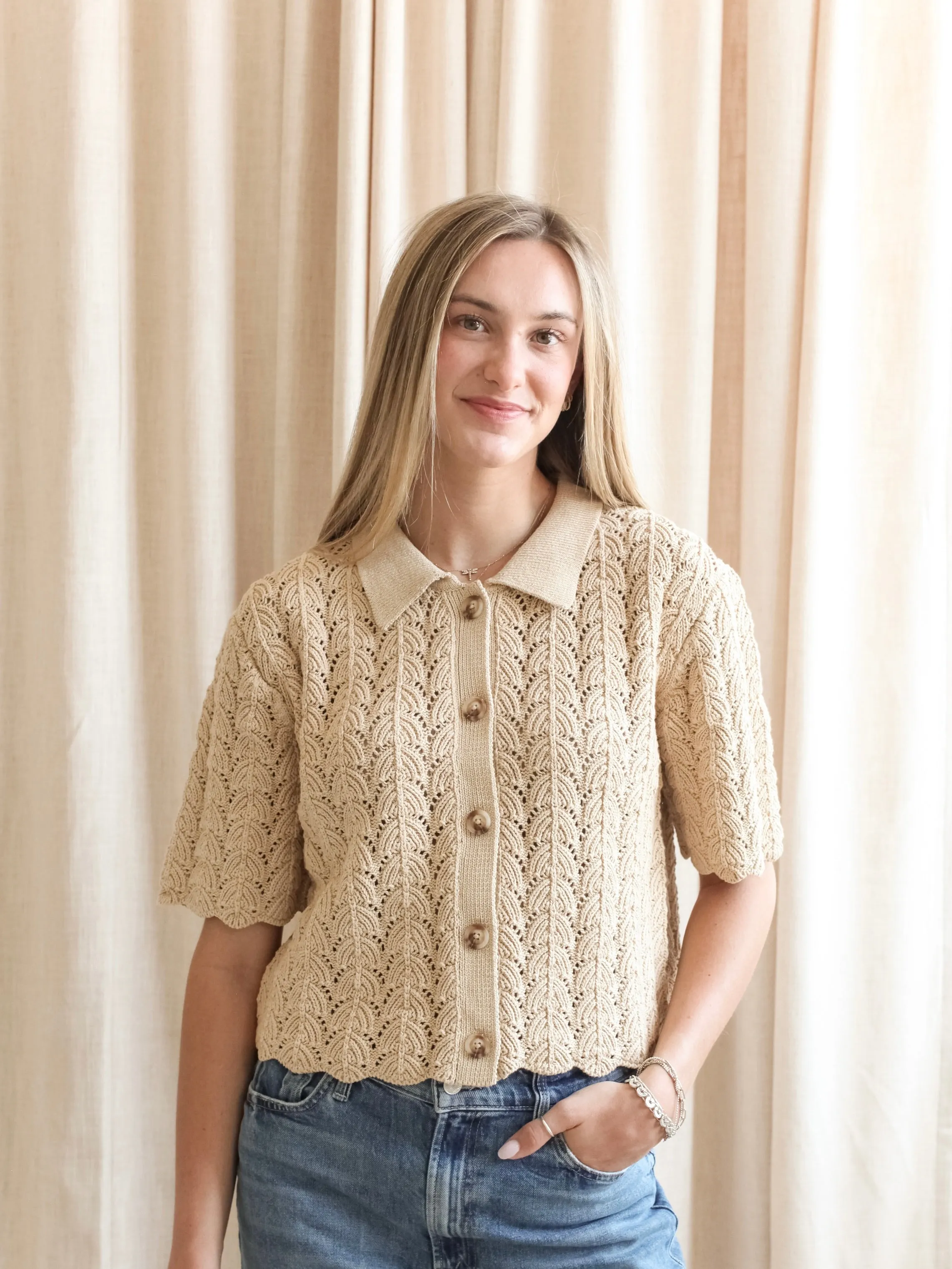 Seamless Stitching Cozy Wear Esther Crocheted Cardigan- Camel