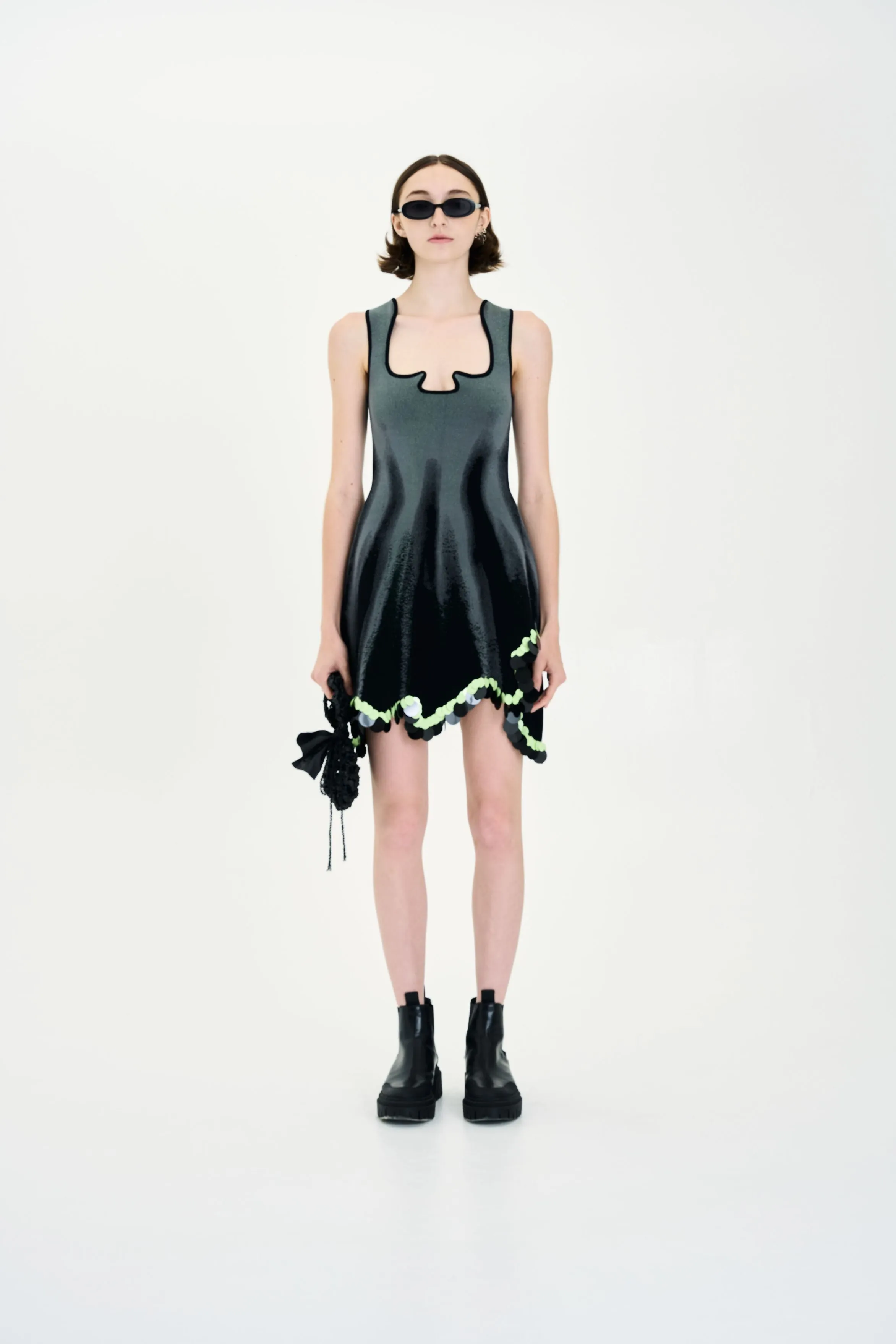 Chic casual Silky Touch ALYSSA DENIM PRINT WAVY TANK DRESS WITH SEQUINS