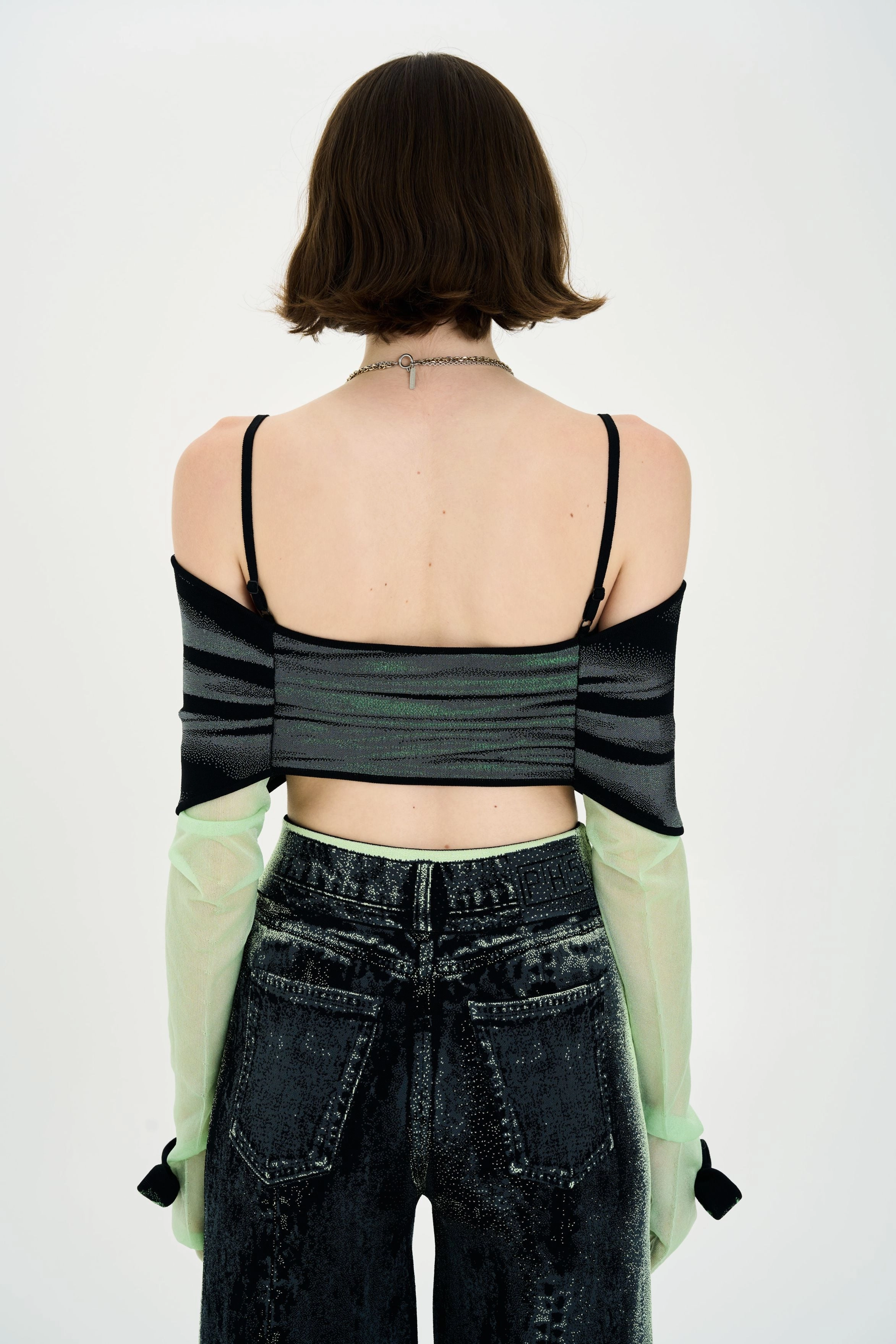 TULIP DENIM PRINT BRA TOP Ribbed Hem Finish Grid Back Panel