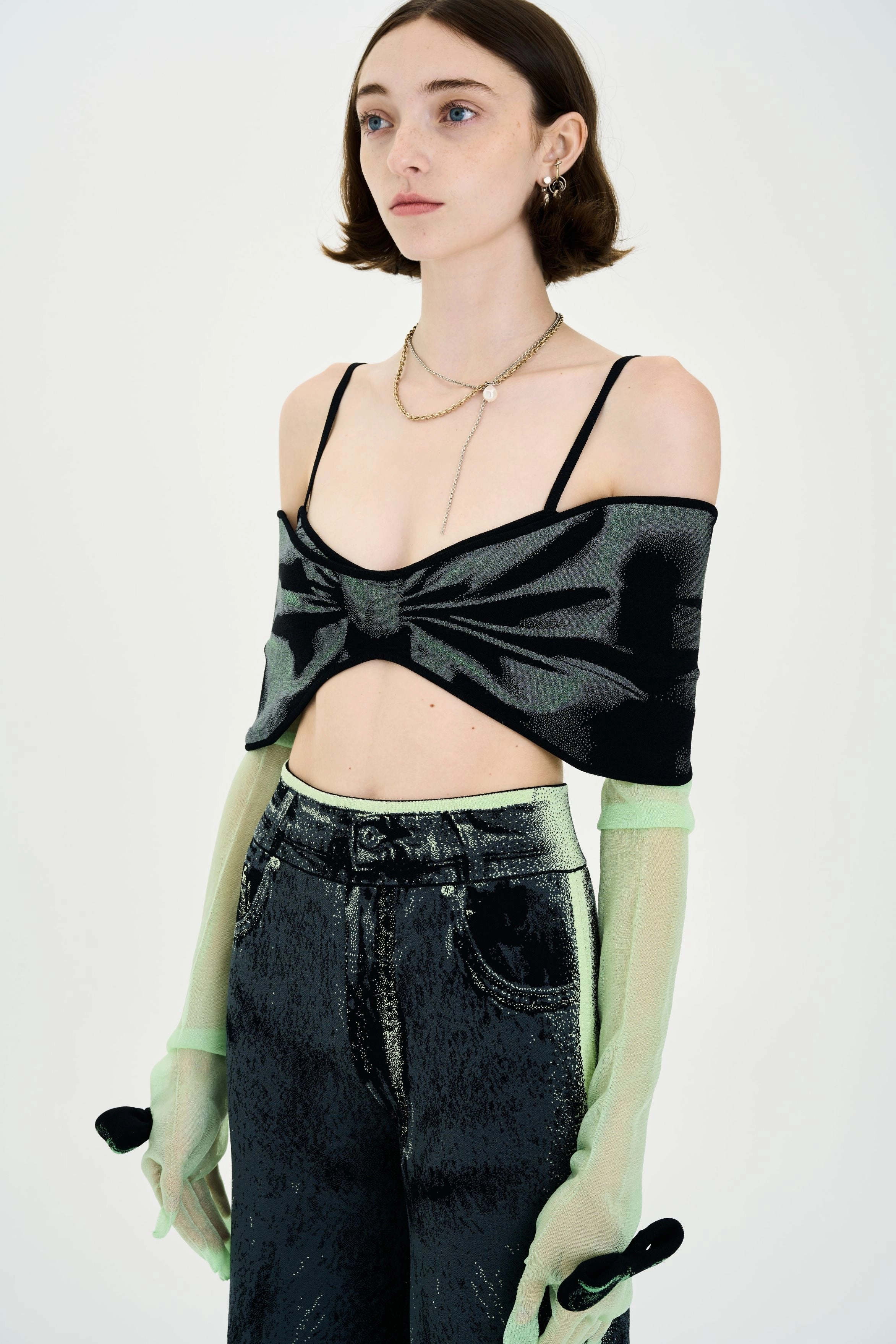 Self Fabric Tie Closure TULIP DENIM PRINT BRA TOP