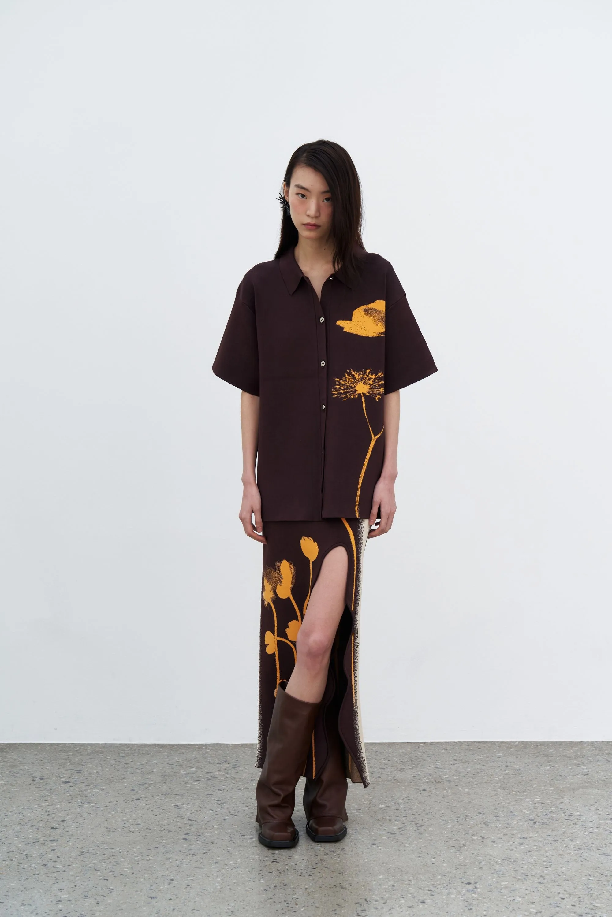 LILY FLOWER PRINT WAVY MIDI SKIRT SmoothZipper Elasticized Cuffs