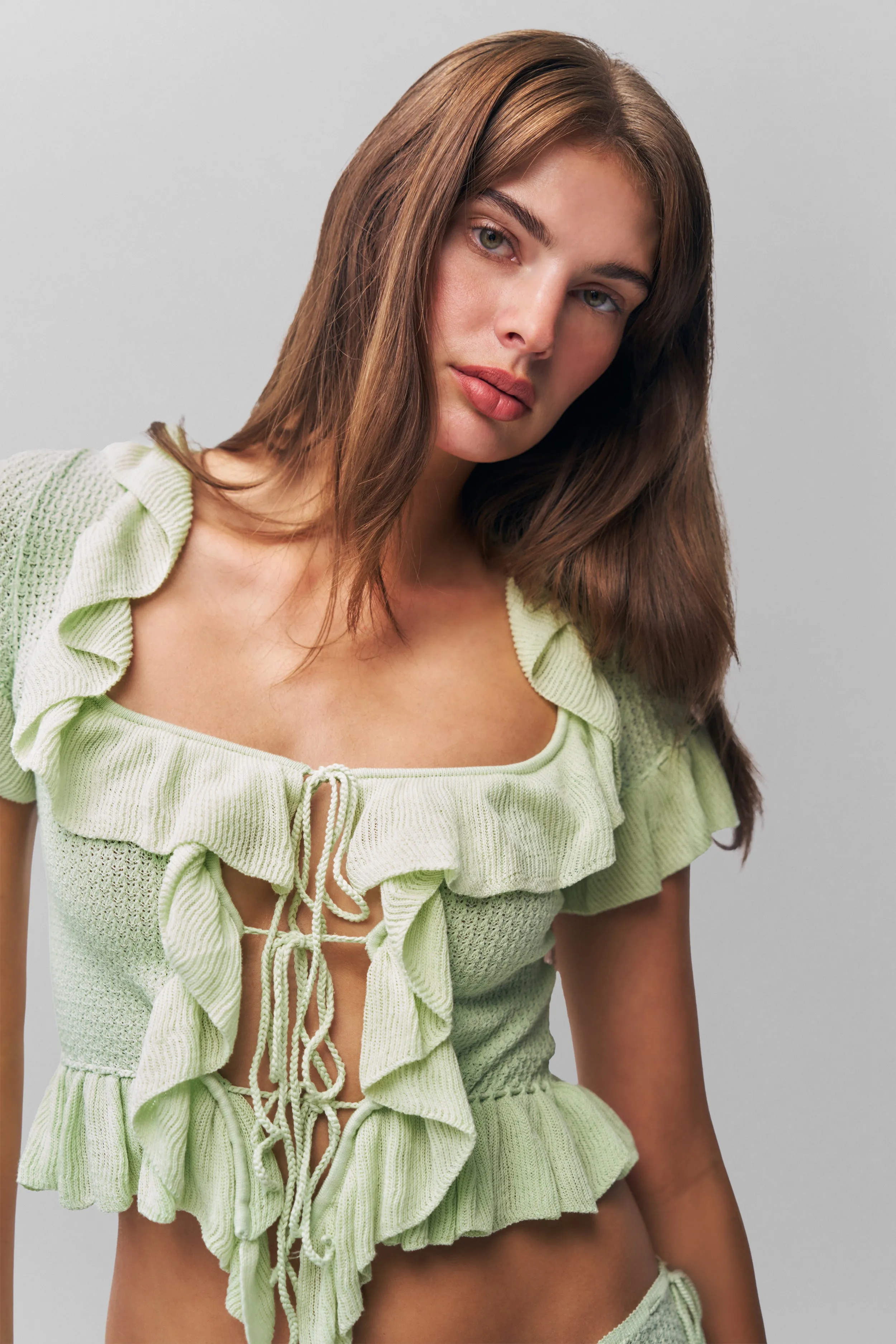 Ruffle Knit Tie Top Outdoor Fit Comfortable knit piece