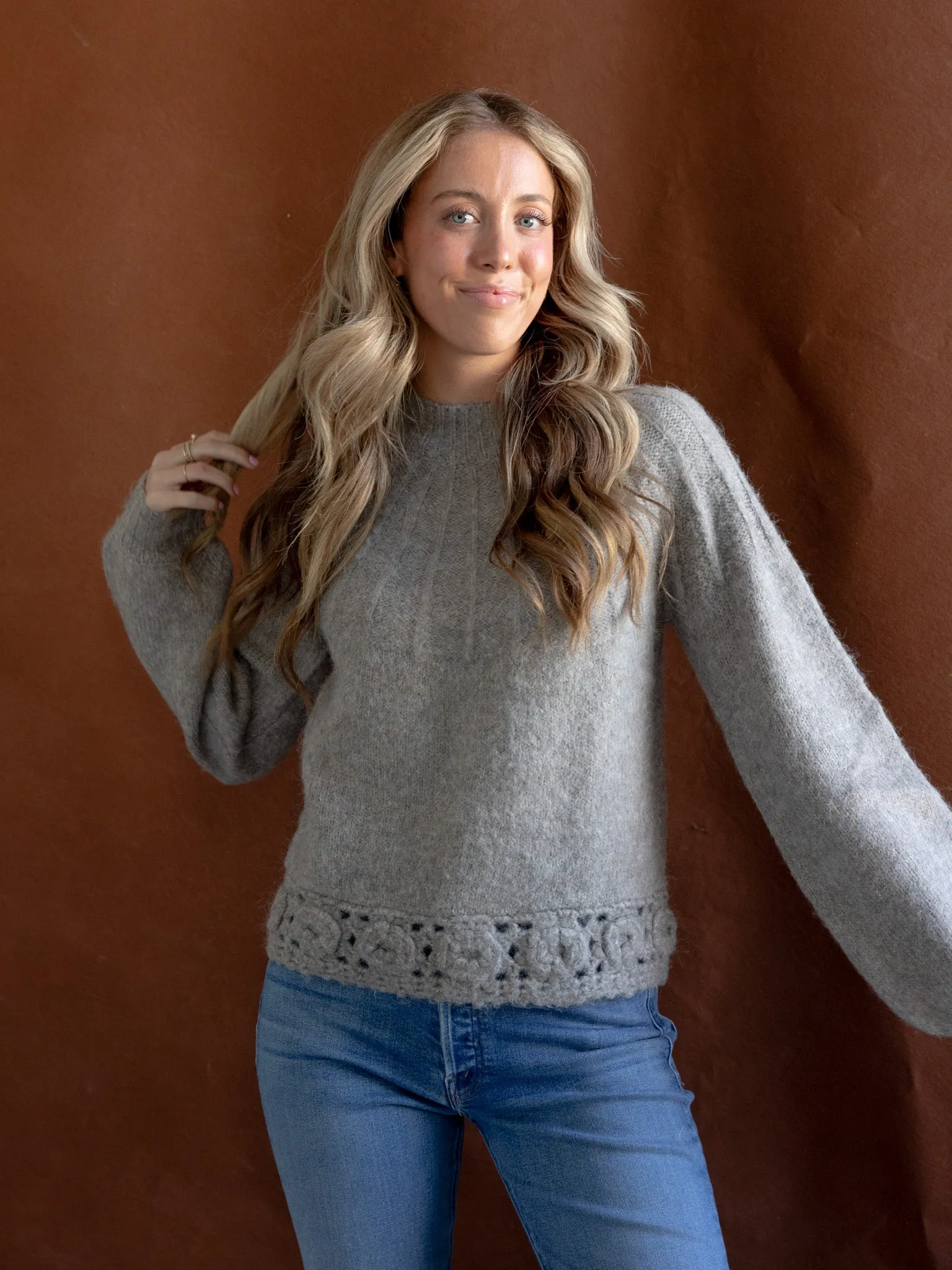 Crochet Hem Sweater Snuggle Style Adaptive Fit Silhouette