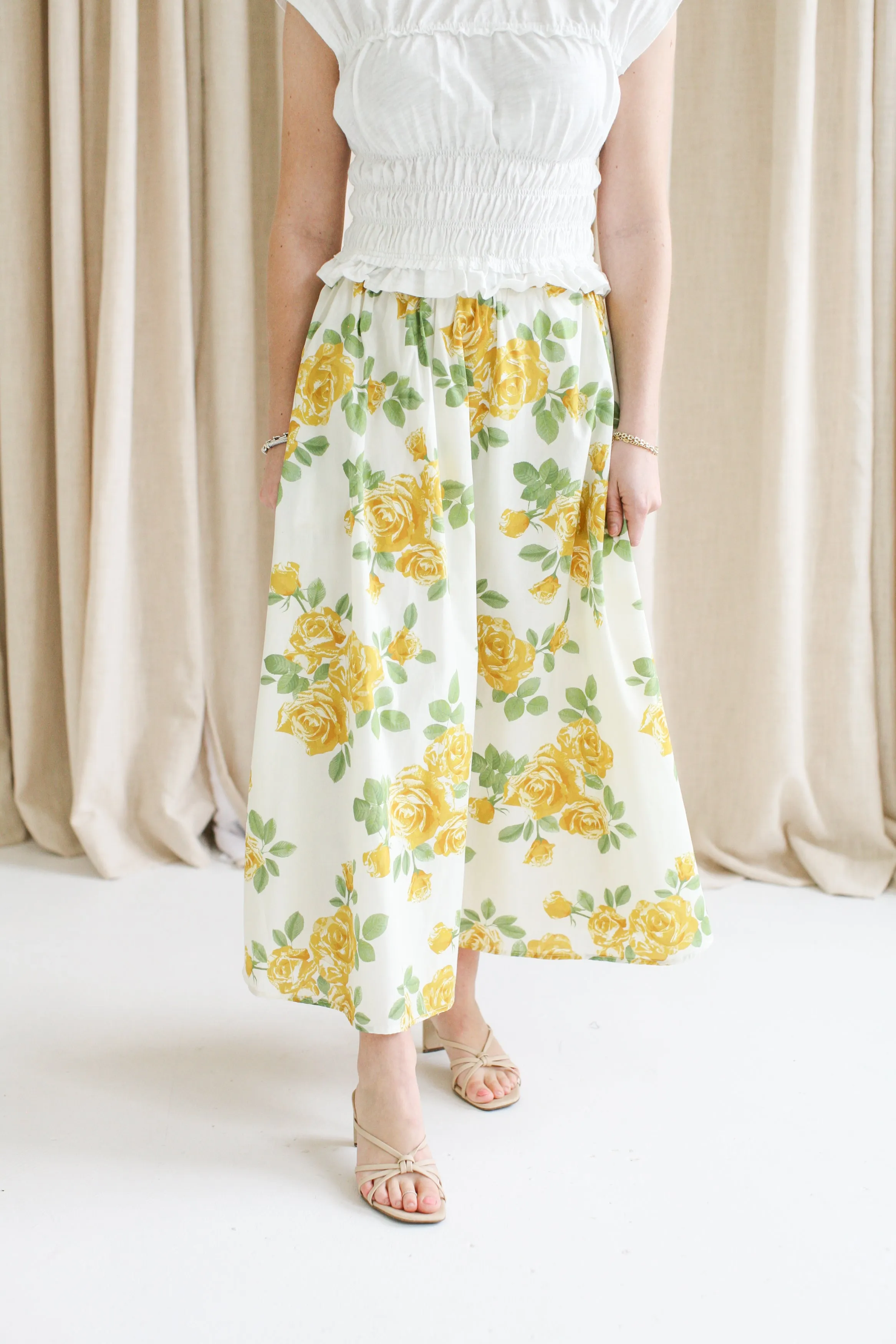 Glossy Texture Graceful Look Diana Floral Midi Skirt