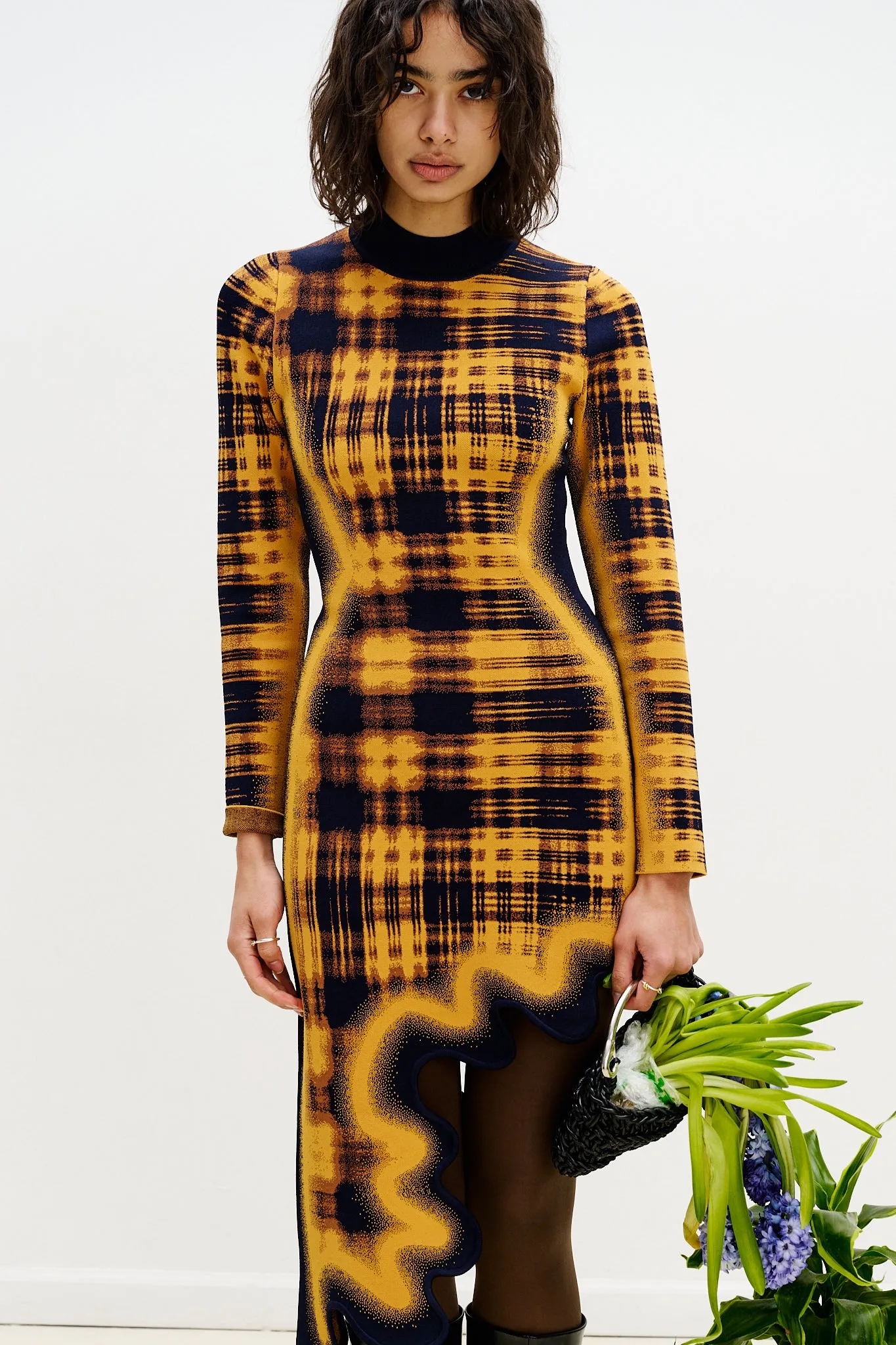 Smooth Wear Draped-Style DOBBY LONG SLEEVE WAVY DRESS