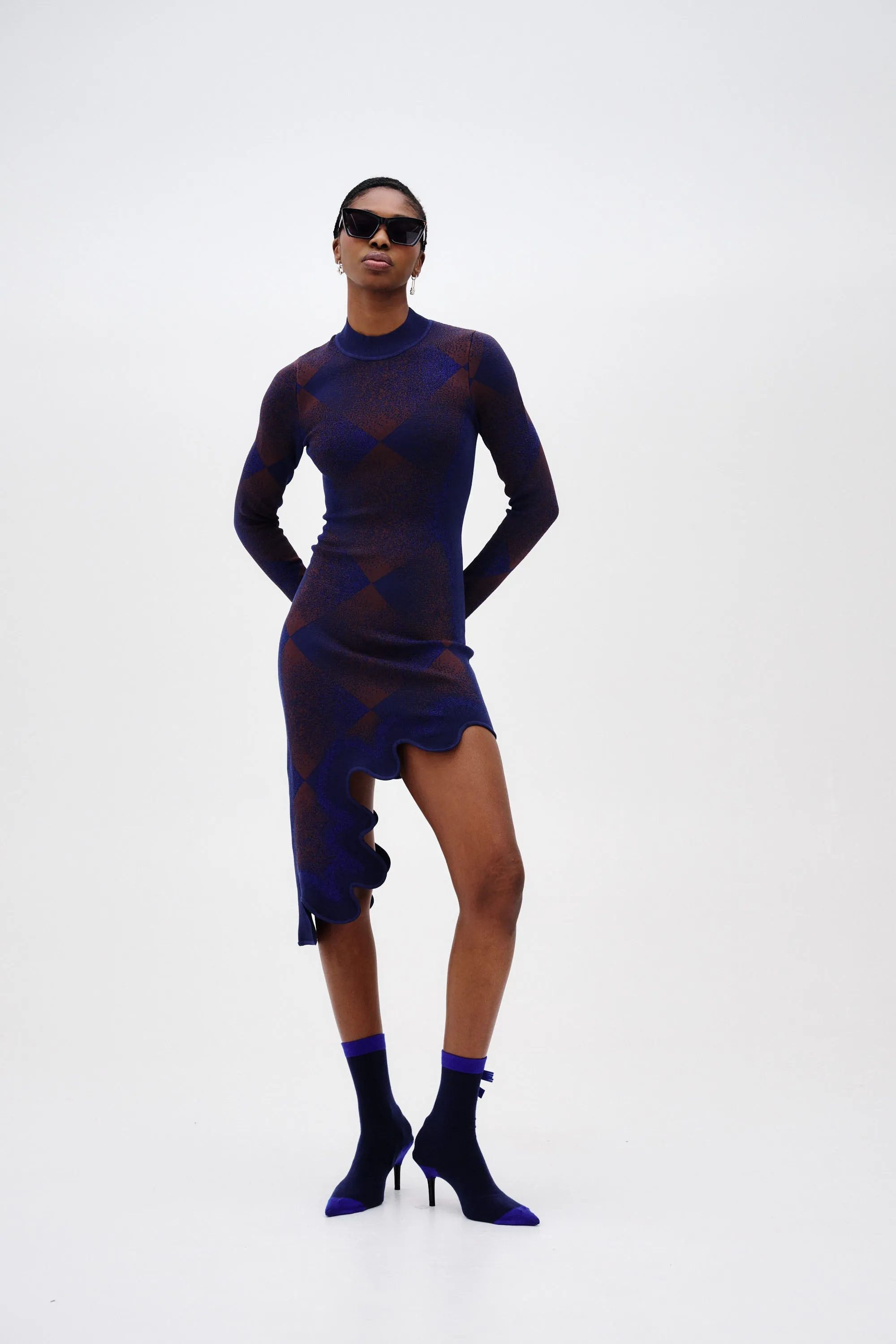 DOBBY LONG SLEEVE WAVY PLAID DRESS Wrinkle-Free-Finish Front Ruffle