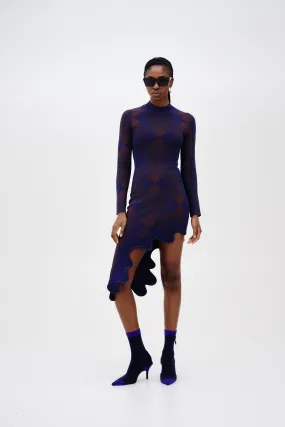 DOBBY LONG SLEEVE WAVY PLAID DRESS Relaxed-fit gown Textured Layers