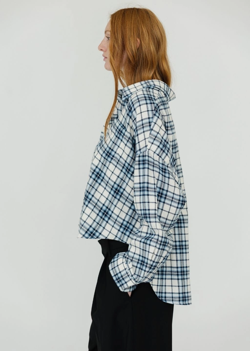 Denimist Cropped Button Front Shirt in Ecru/Light Blue Plaid Summer Wardrobe
