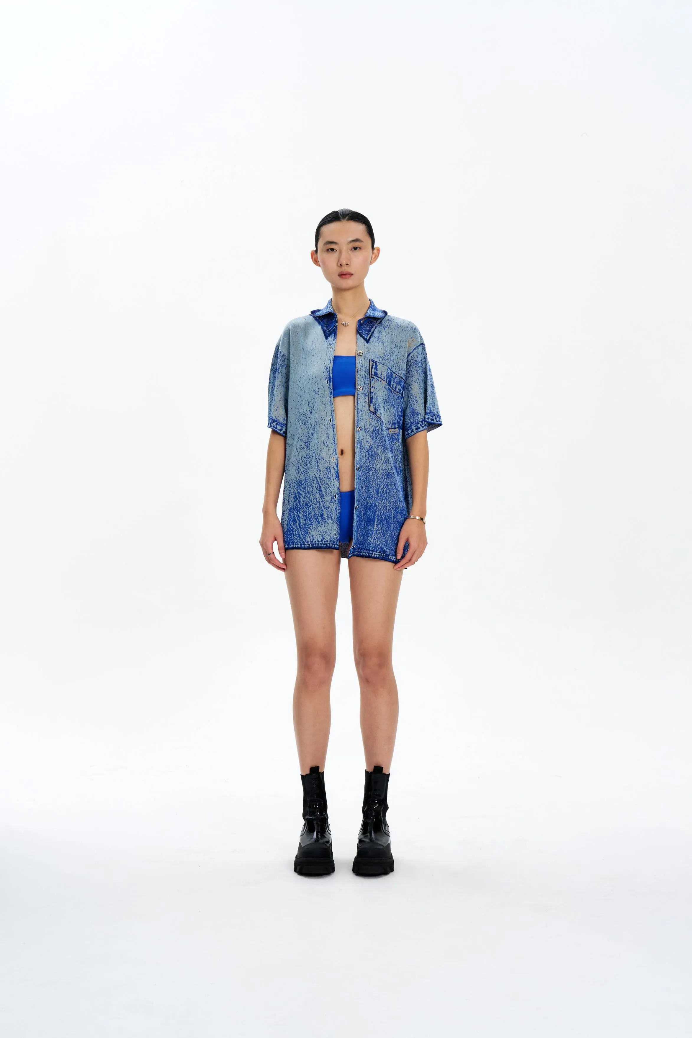 ASHER OVERSIZED DENIM PRINT POLO Fitted Design Moisture Control Lining