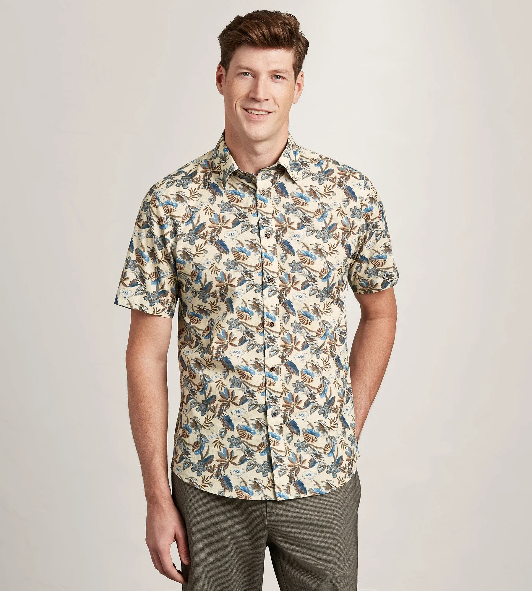 Camouflage Print Seamless Shoulder Modern Fit Short Sleeve Linen Like Floral Pattern Casual Shirt