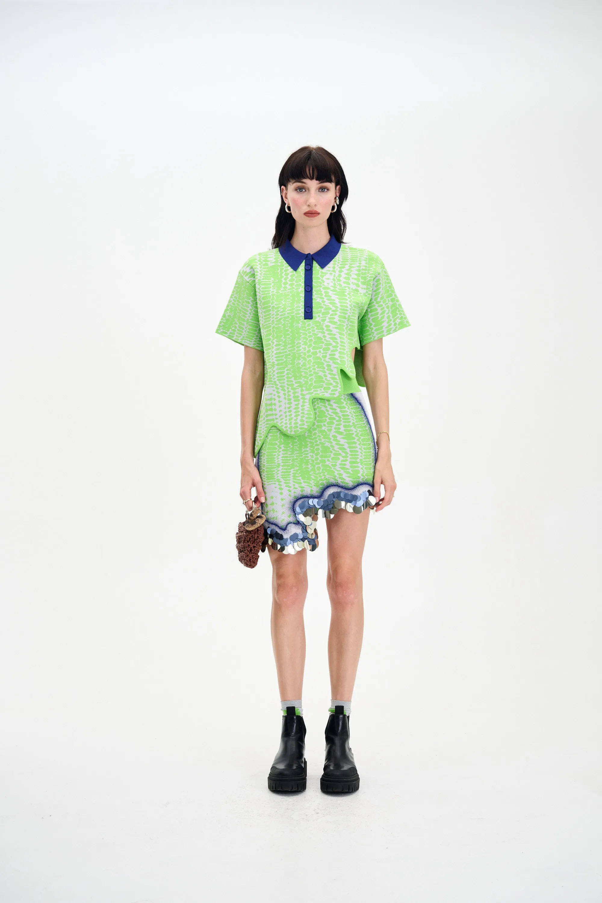 Layered Placket Design MultiFunctional Pocket Placement EBONY WAVY POLO SHIRT