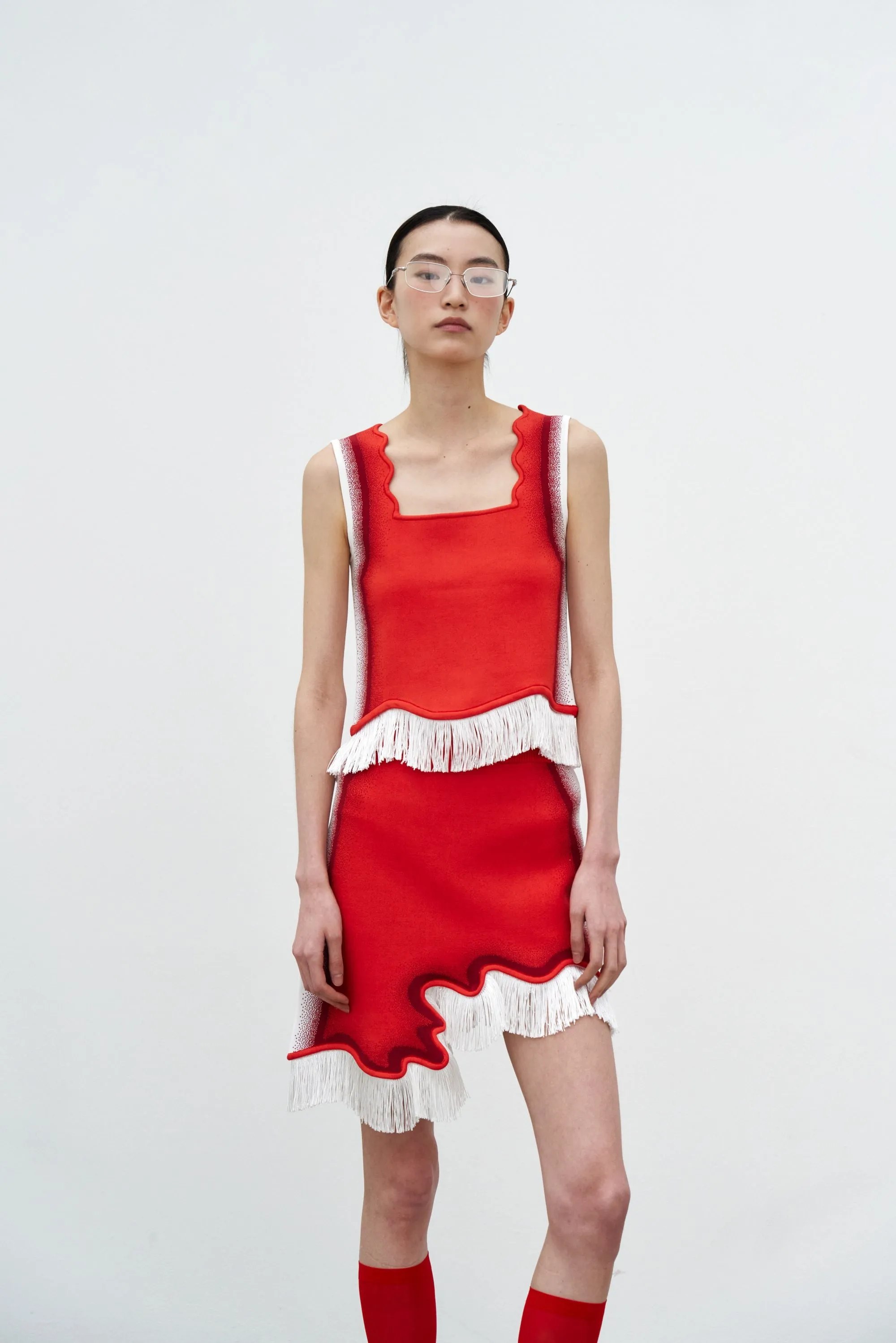 EMMA WAVY CROP TANK TOP WITH FRINGE Built In Filter Layer Button Down Collar Style