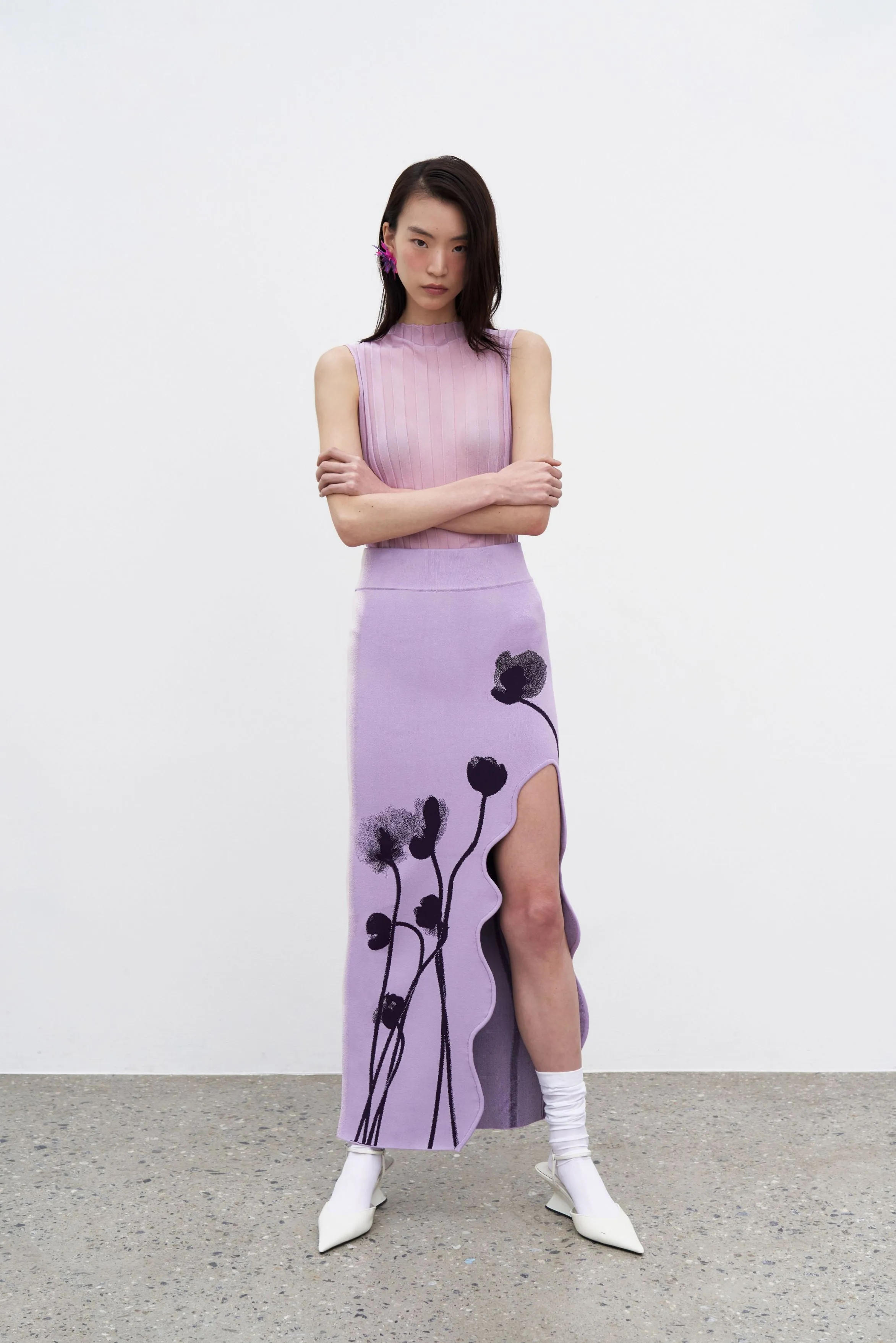 LILY FLOWER PRINT WAVY MIDI SKIRT Smart Comfort