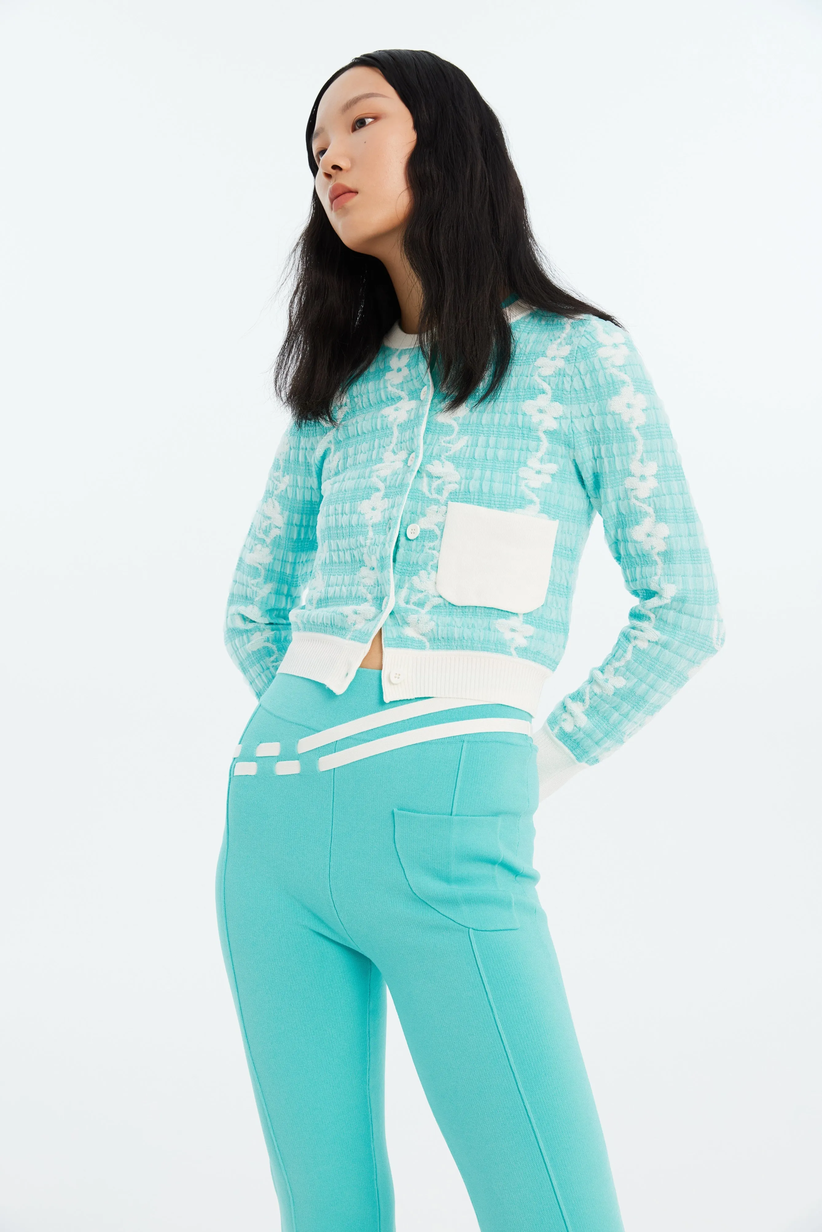 STEVIE FLORAL STITCH ECO CARDIGAN AdjustableHemCuffs High Neckline Structure