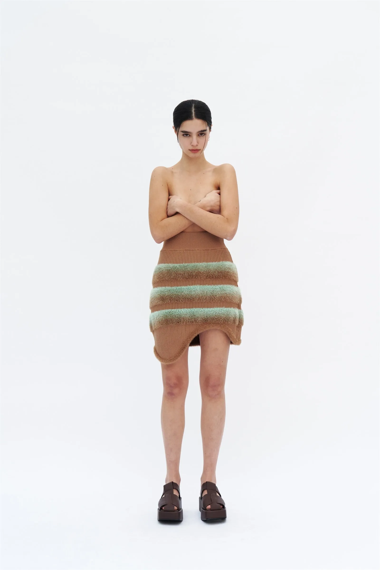 CRYSTAL FAUX FUR TRIMMED WAVY MINI SKIRT Effortless Layer Long Use