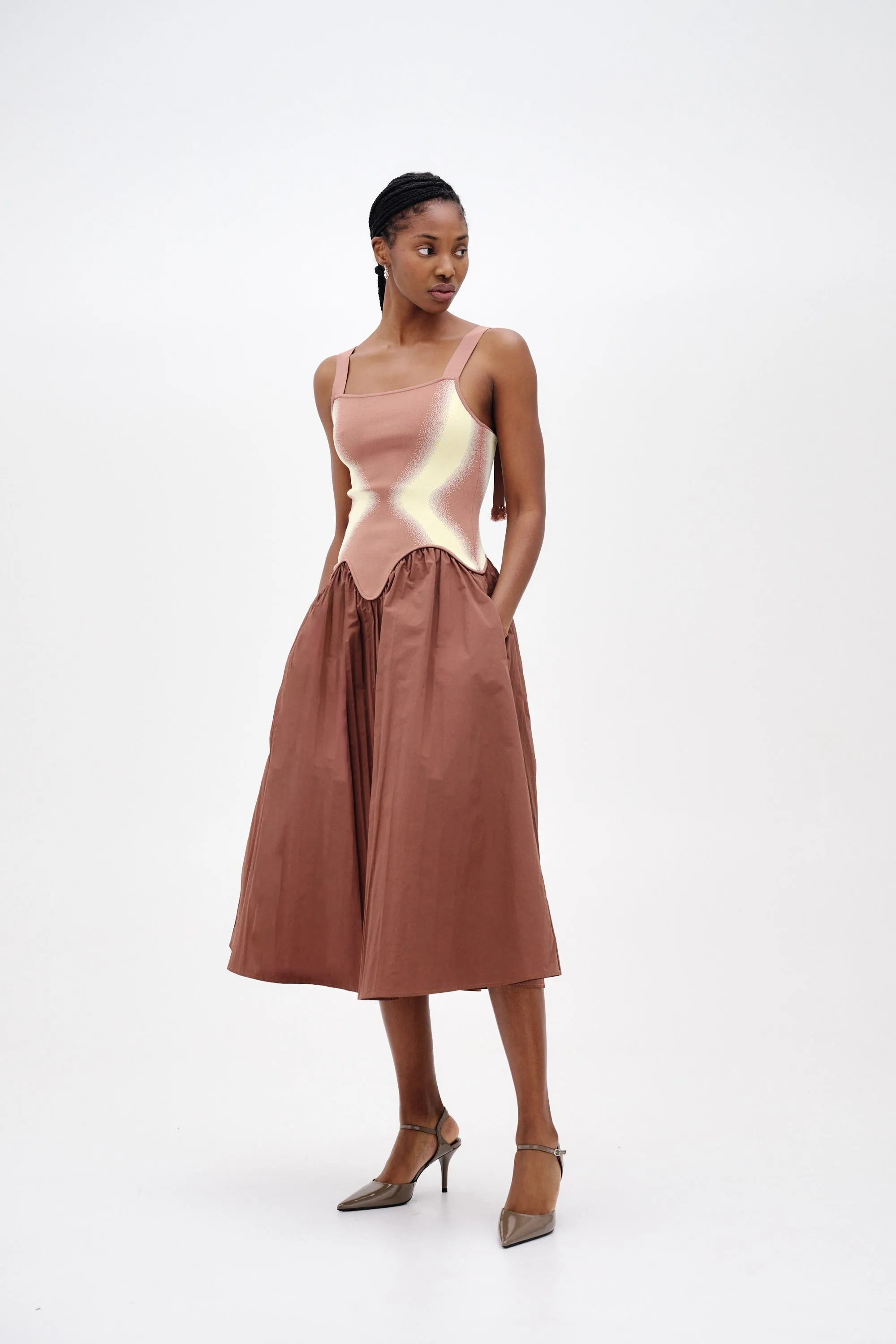 Beaded-Sleeve MUSHU MIXED MEDIA TANK DRESS