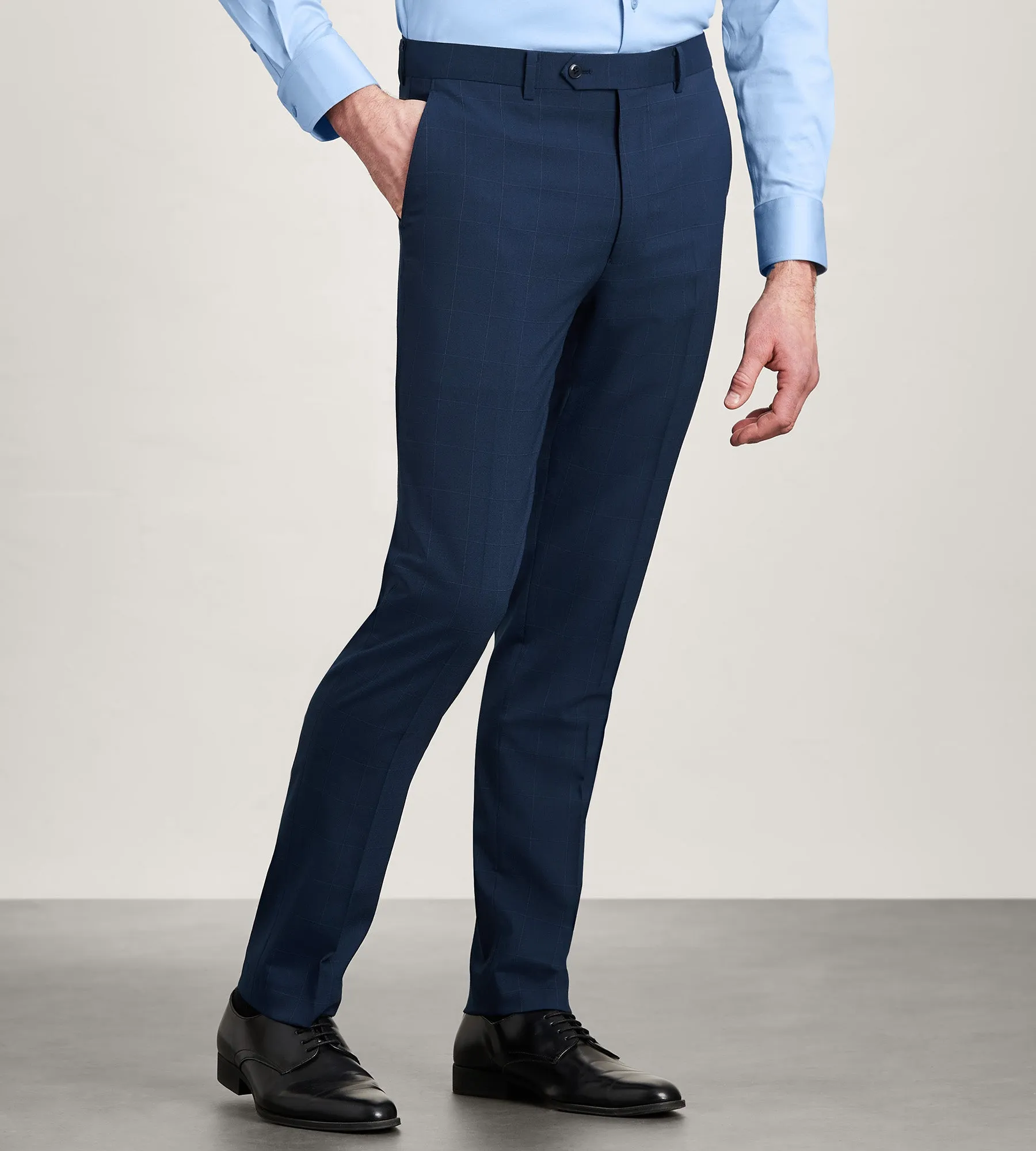 High Waist Slim Fit Blue Windowpane Suit Pants