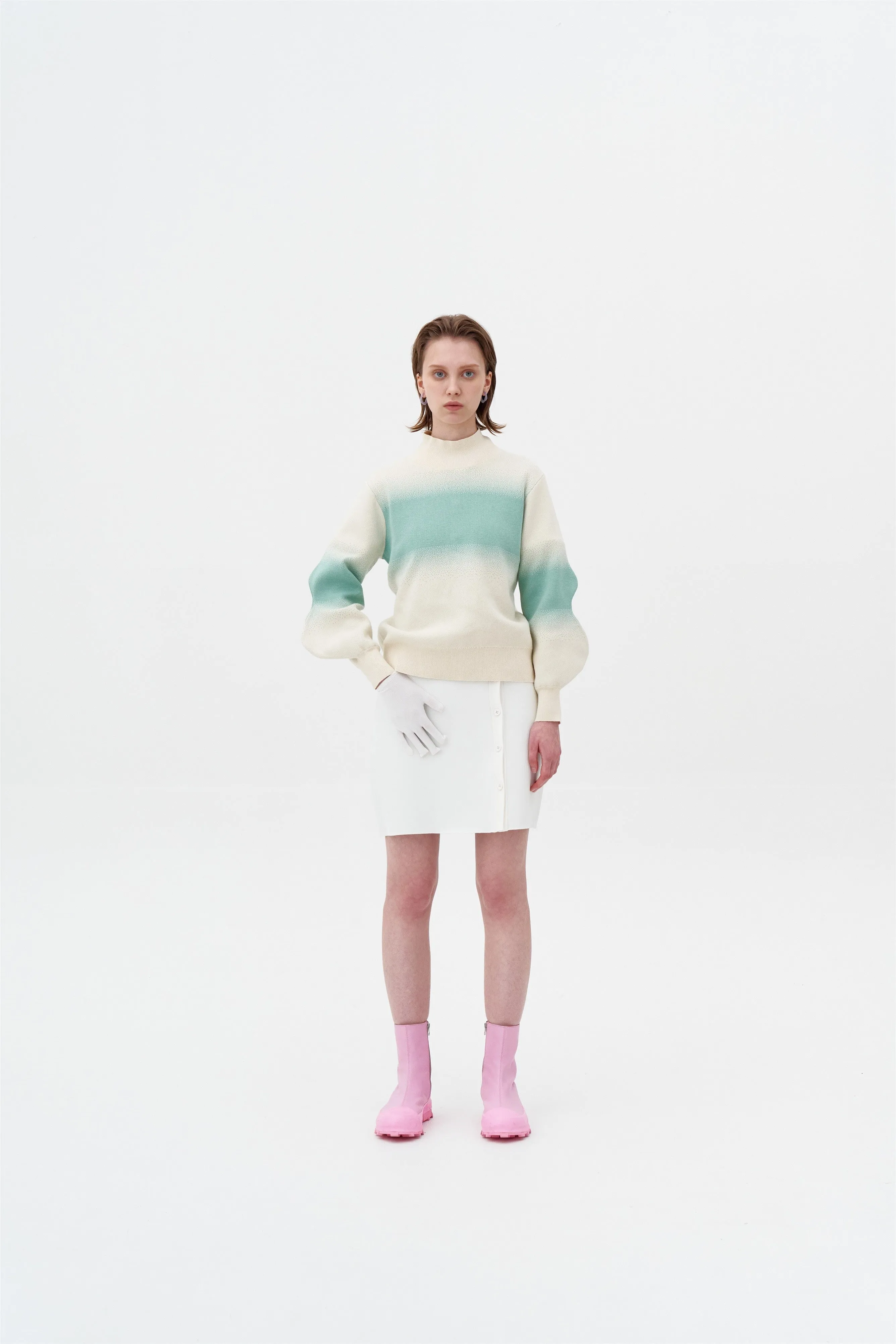 SINOPE "SPRAY PAINTED" MOCKNECK WITH WAVY SLEEVES Reflective Trim Details Printed Blouse