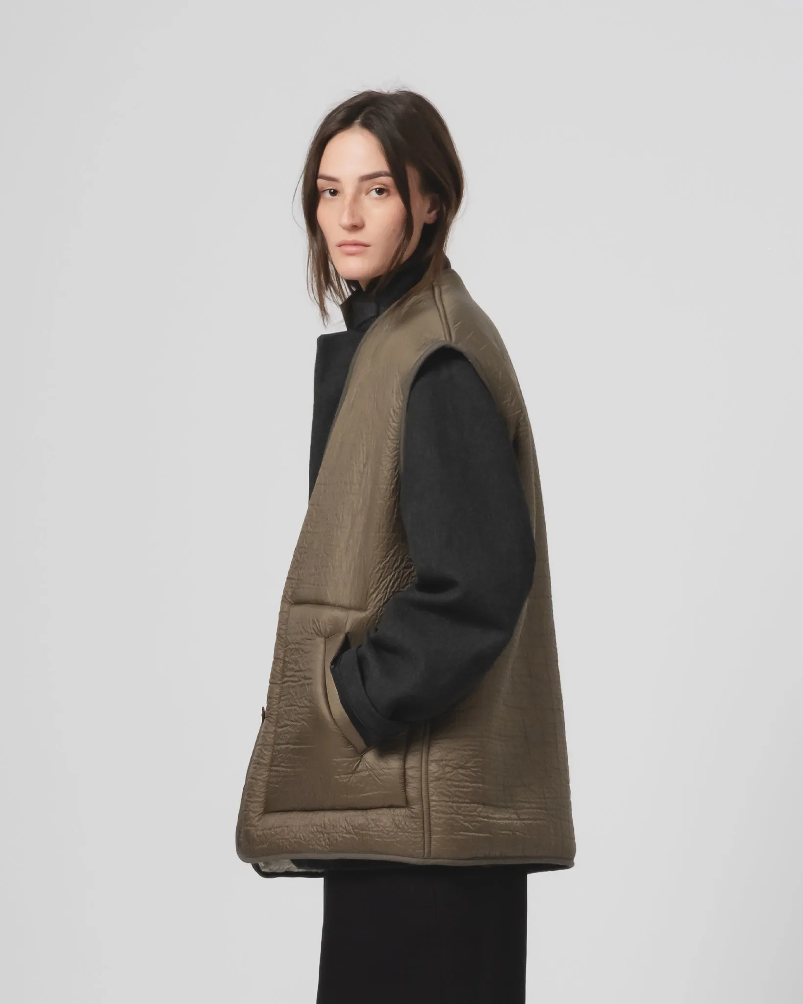 Eco Certified Textiles snap closure G.o.D Ridge Vest Piumino Nylon Fossil Green / Off White