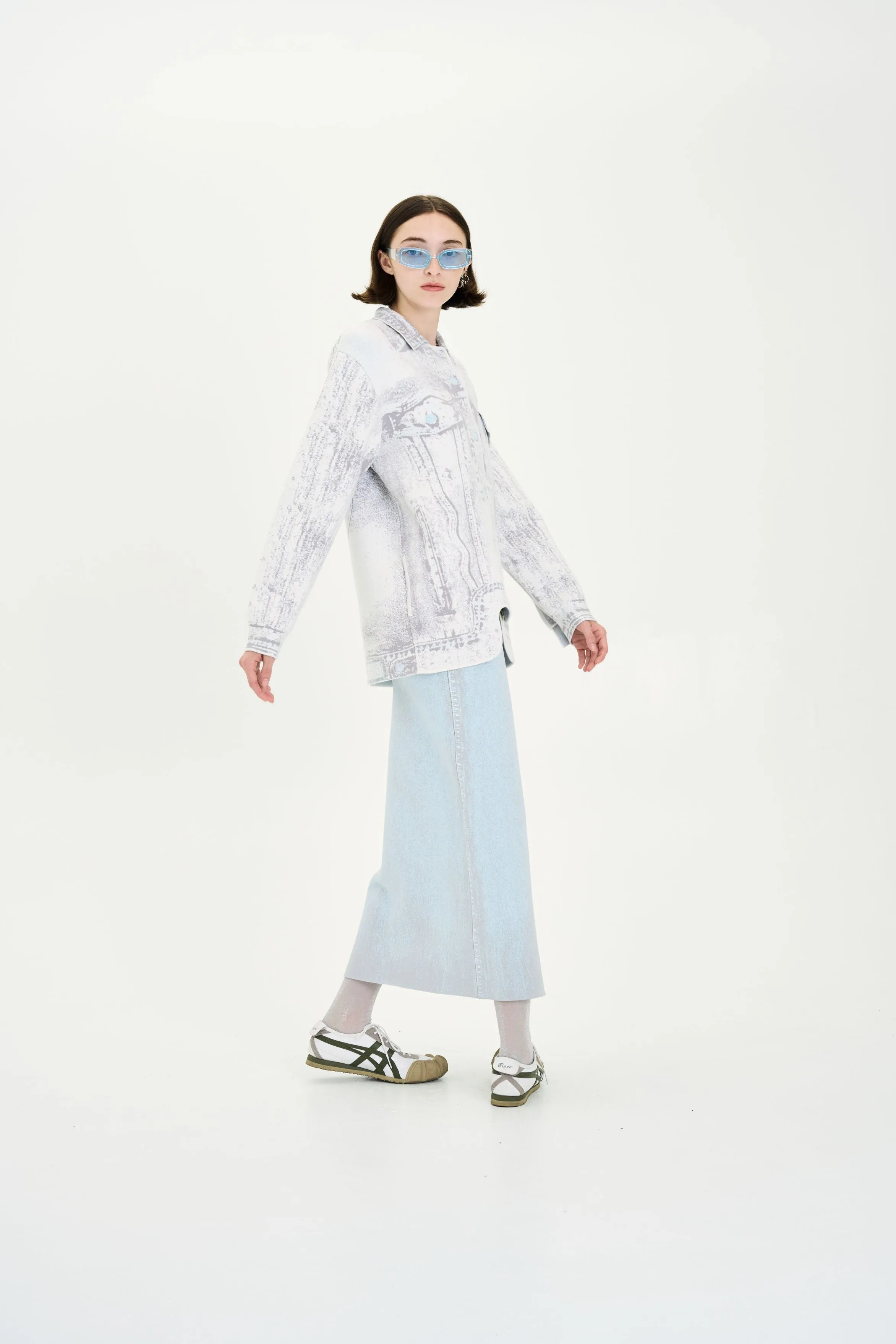 Anti Pill Technology Fur Trim HANA DENIM PRINT OVERSIZED JACKET