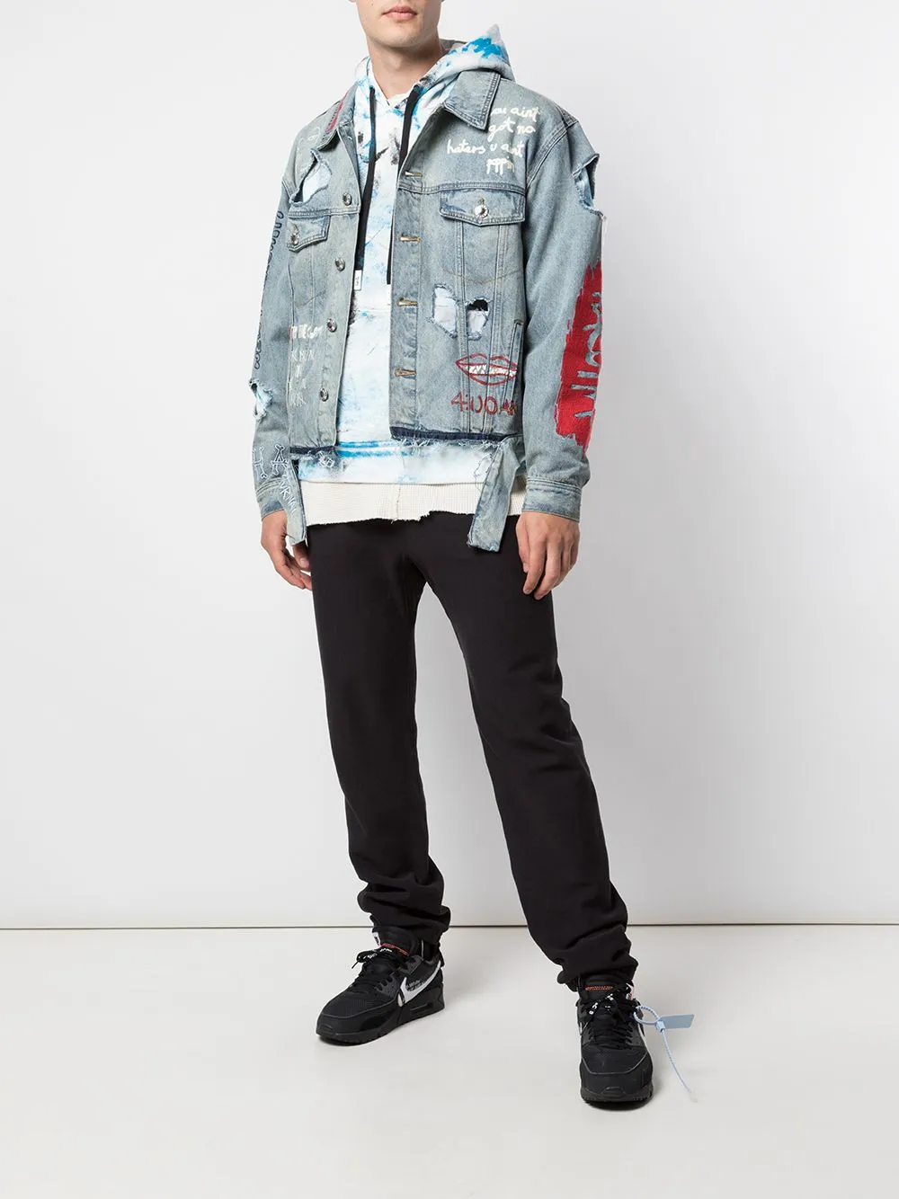 HAND PAINTED HOODIE BLACK/BLUE Faux Fur Trim Exclusive piece