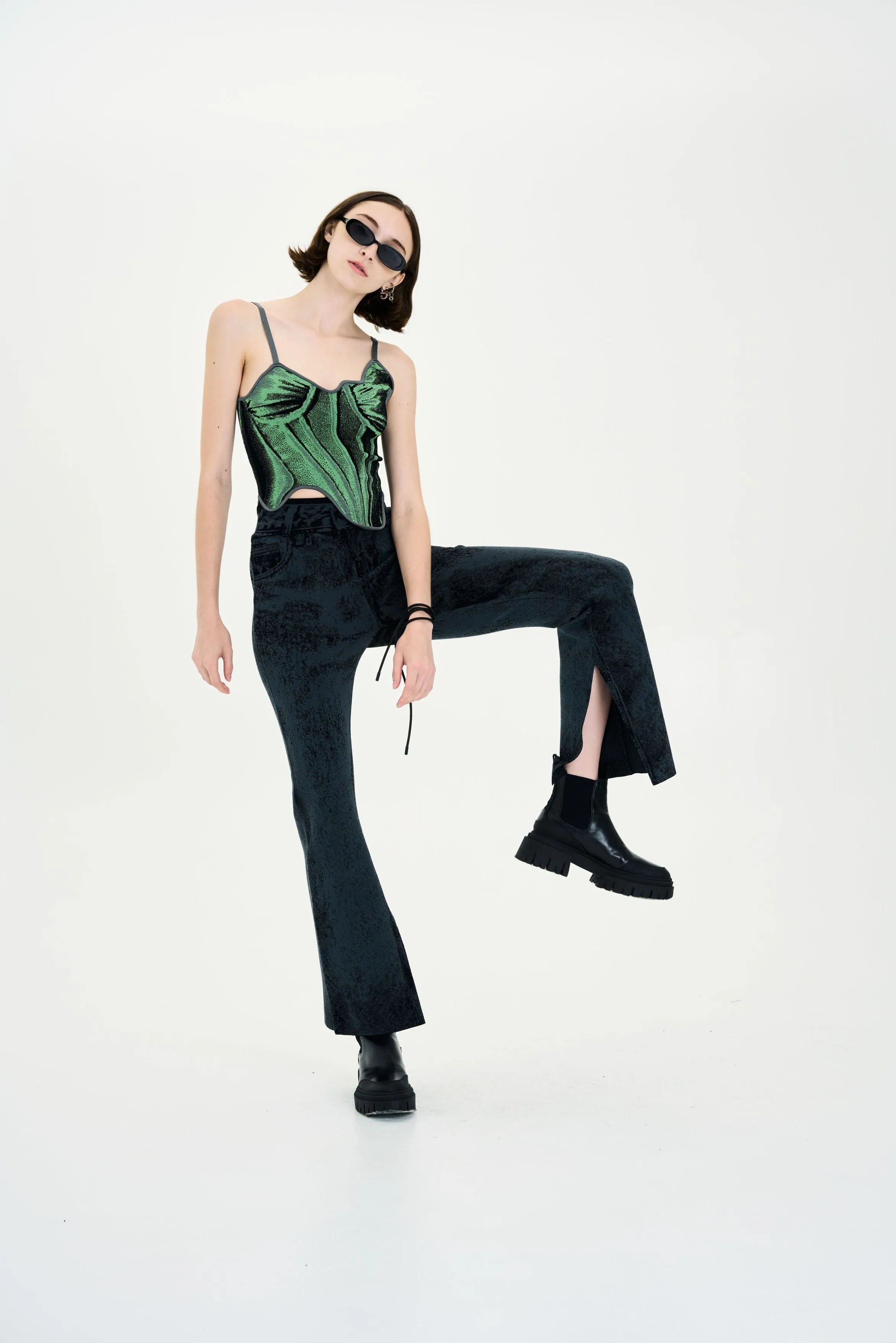 HAZEL DENIM PRINT SKINNY JEANS WITH SLIT Snug Fit