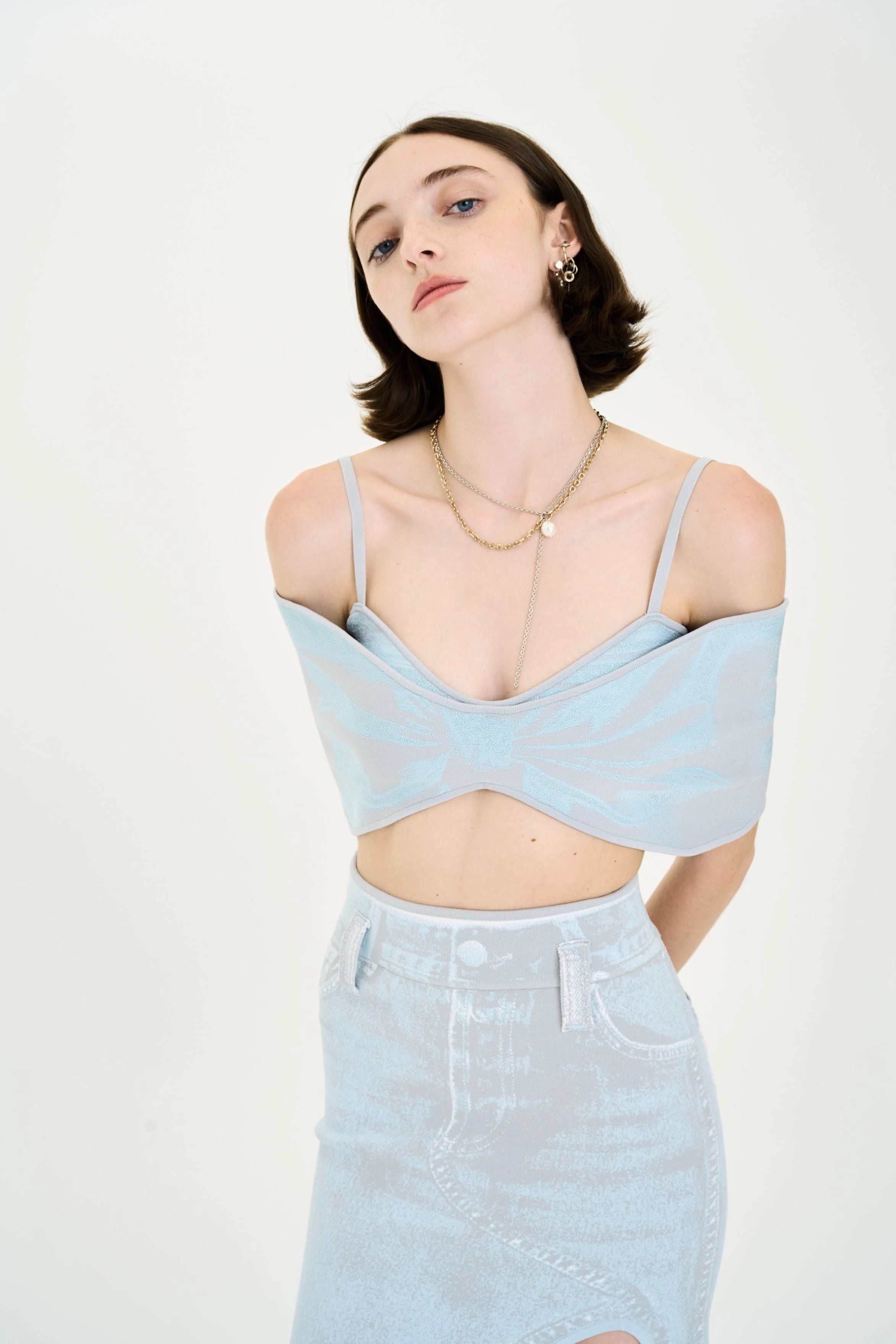 TULIP DENIM PRINT BRA TOP Double Needle Stitching Sustainable Textile