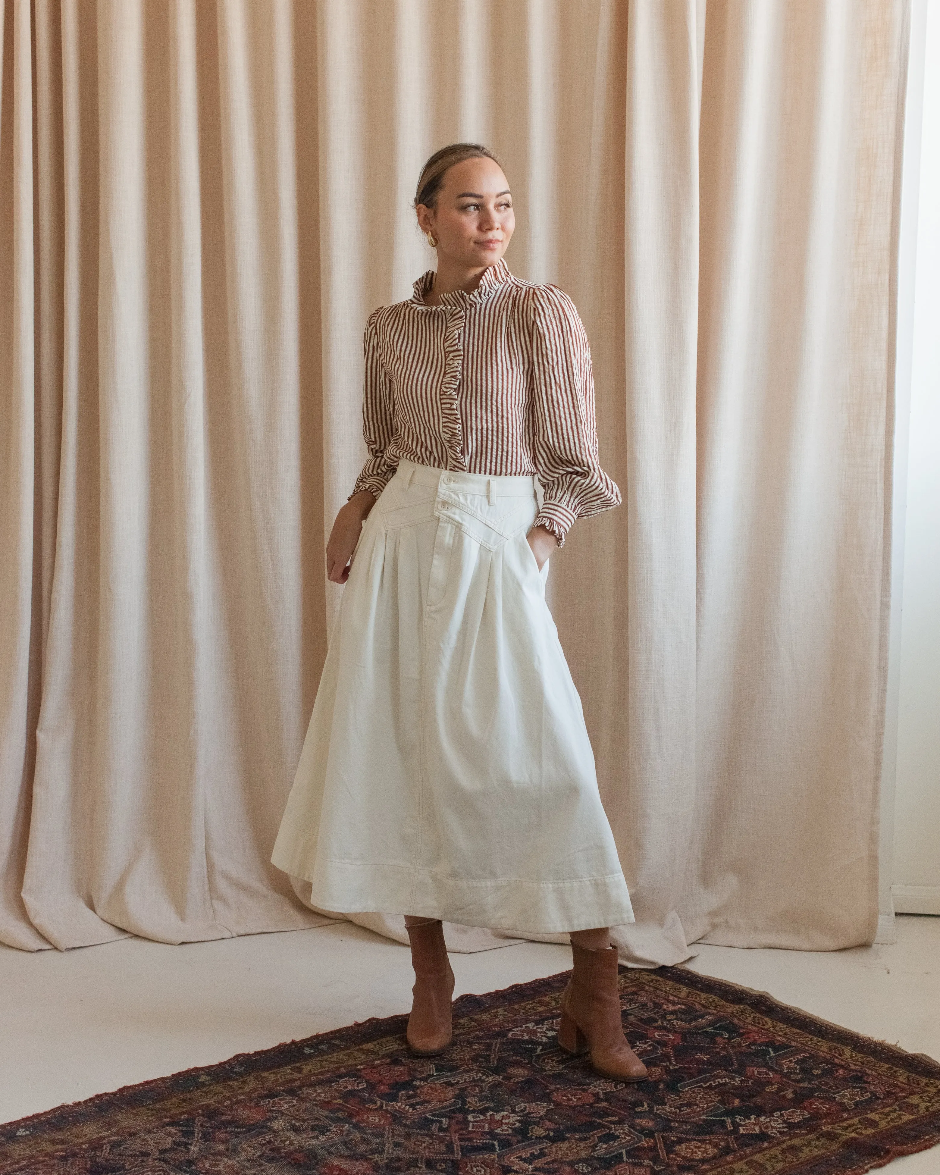 Ivory Pleated Midi Skirt Curvy Fit Washable fabric