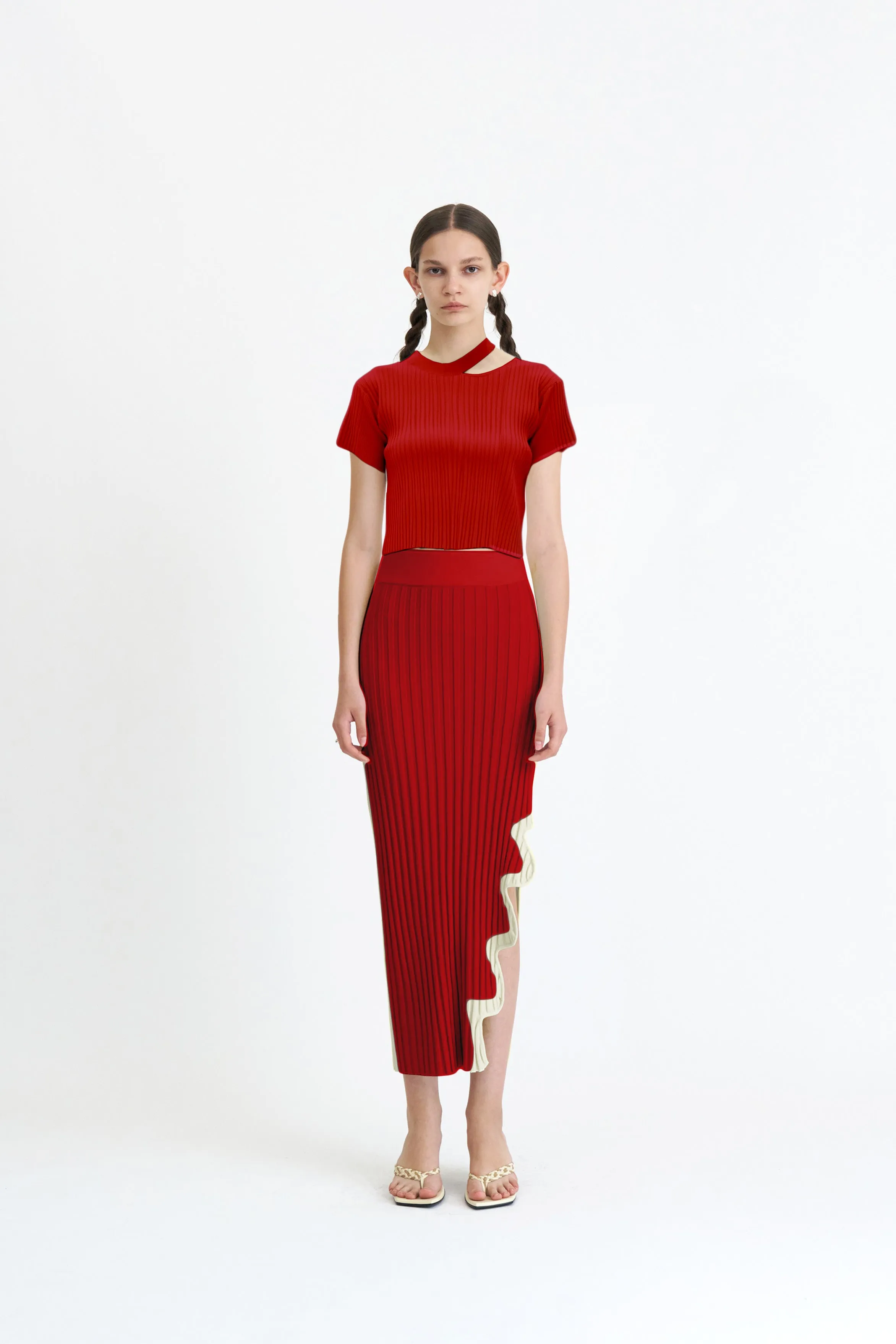 Stretchable Fabric Vintage Wash JELA PLEATED MIDI SKIRT WITH WAVY SIDE SLIT