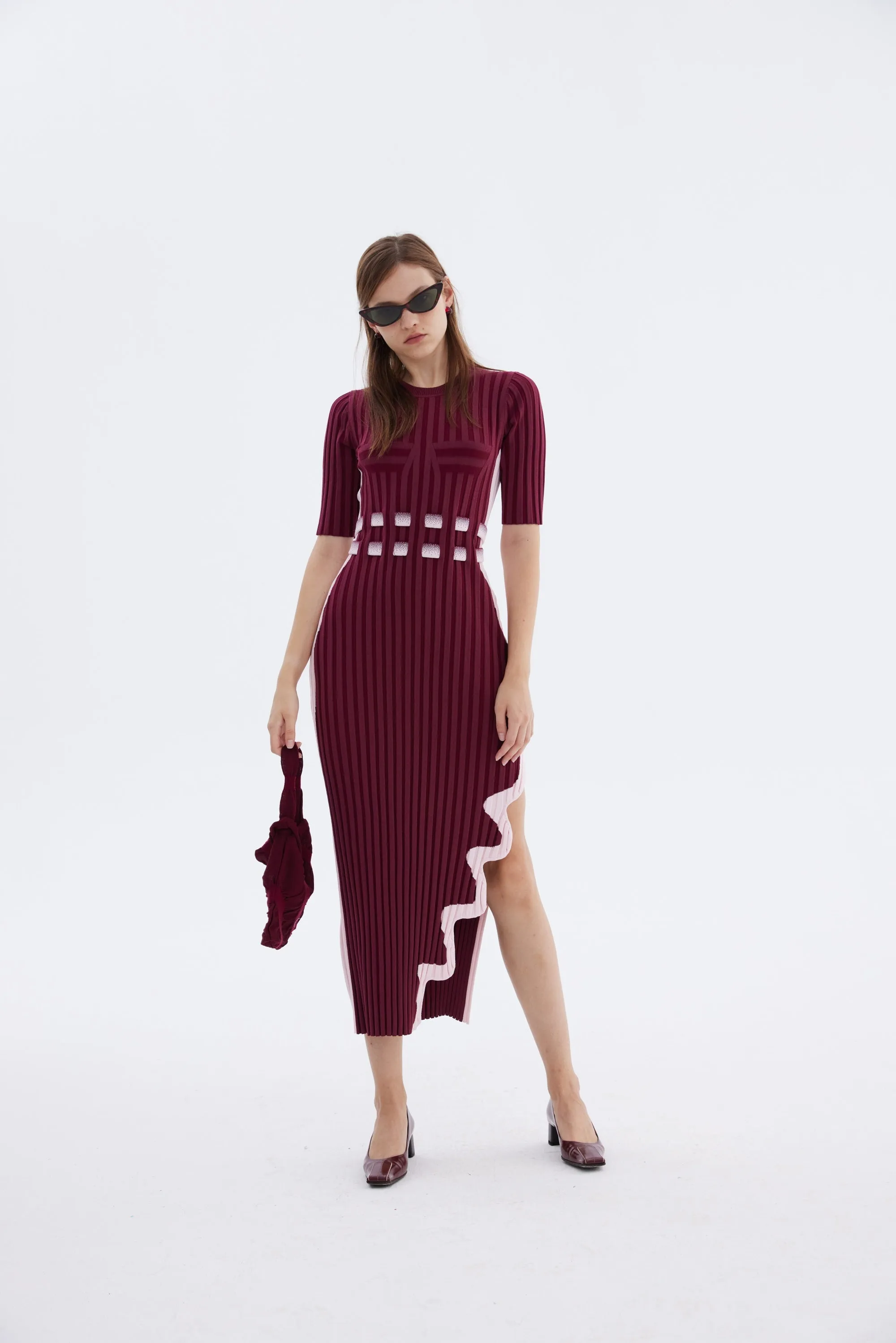 knee-length JODIE PLEATED LONG DRESS WITH WAVY SIDE SLIT