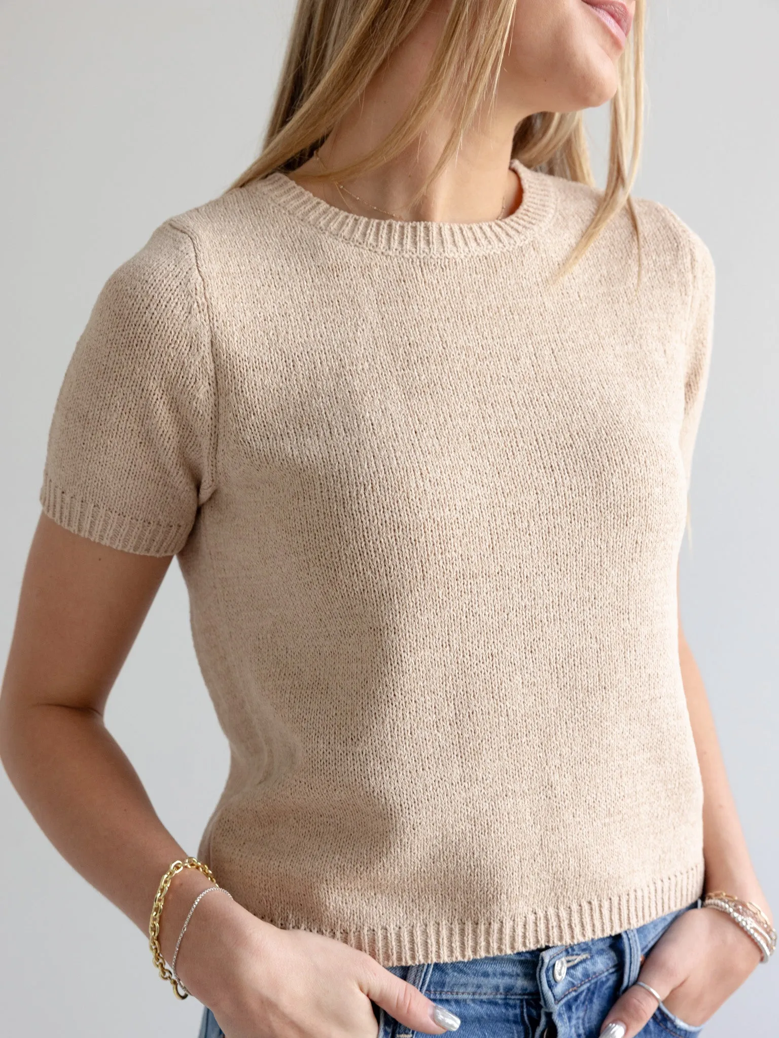 Relaxed Wearable Comfy Winter Wear Lelia Short Sleeve Knit- Taupe