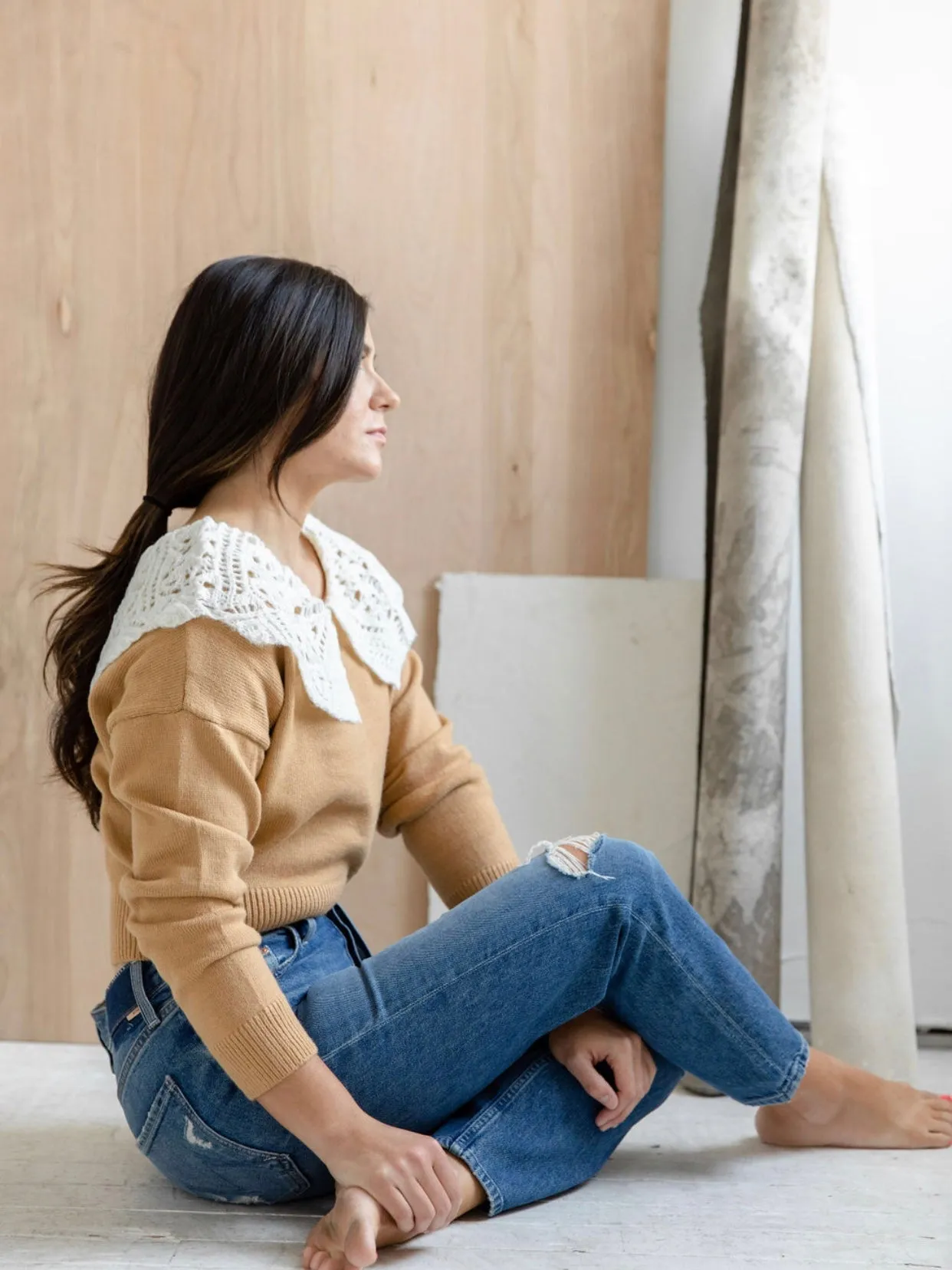 Cozy Fleece Penny Collared Sweater in Latte