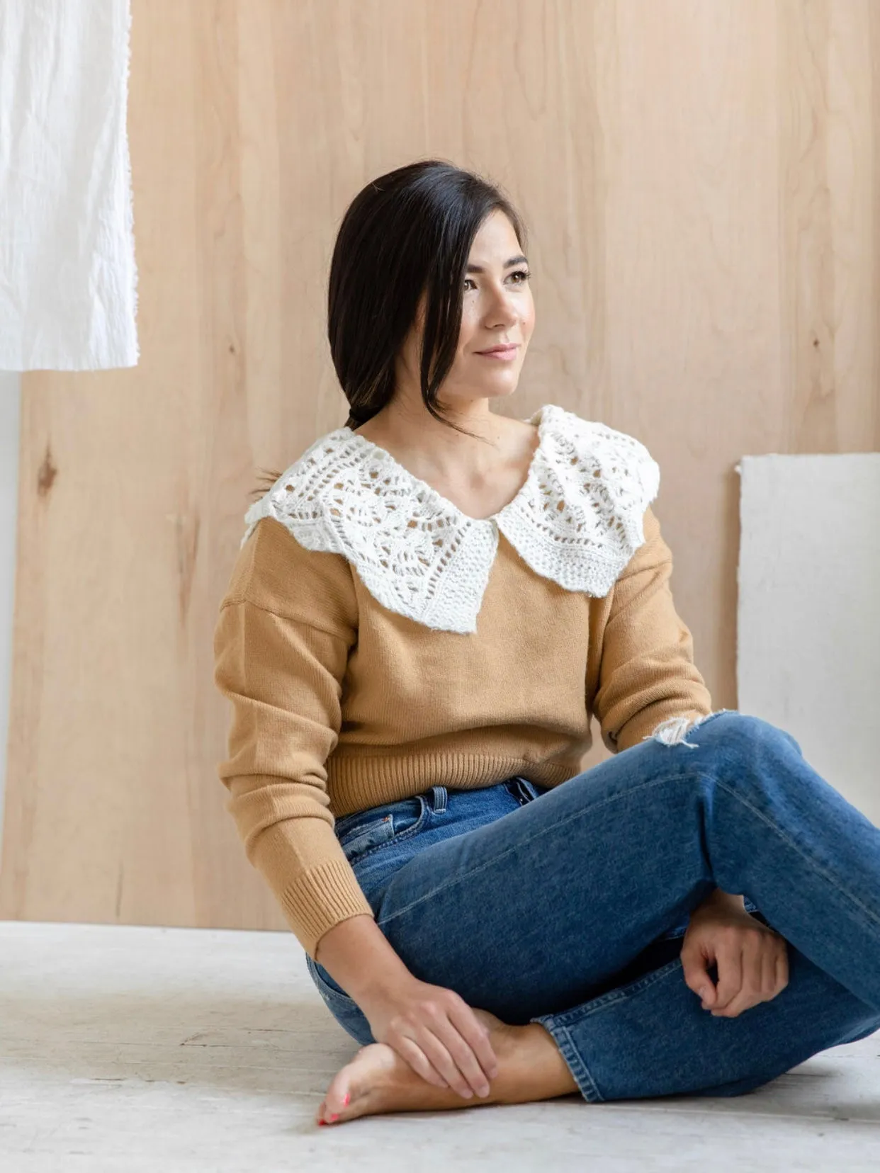 Elegant Knit Versatile Style Penny Collared Sweater in Latte