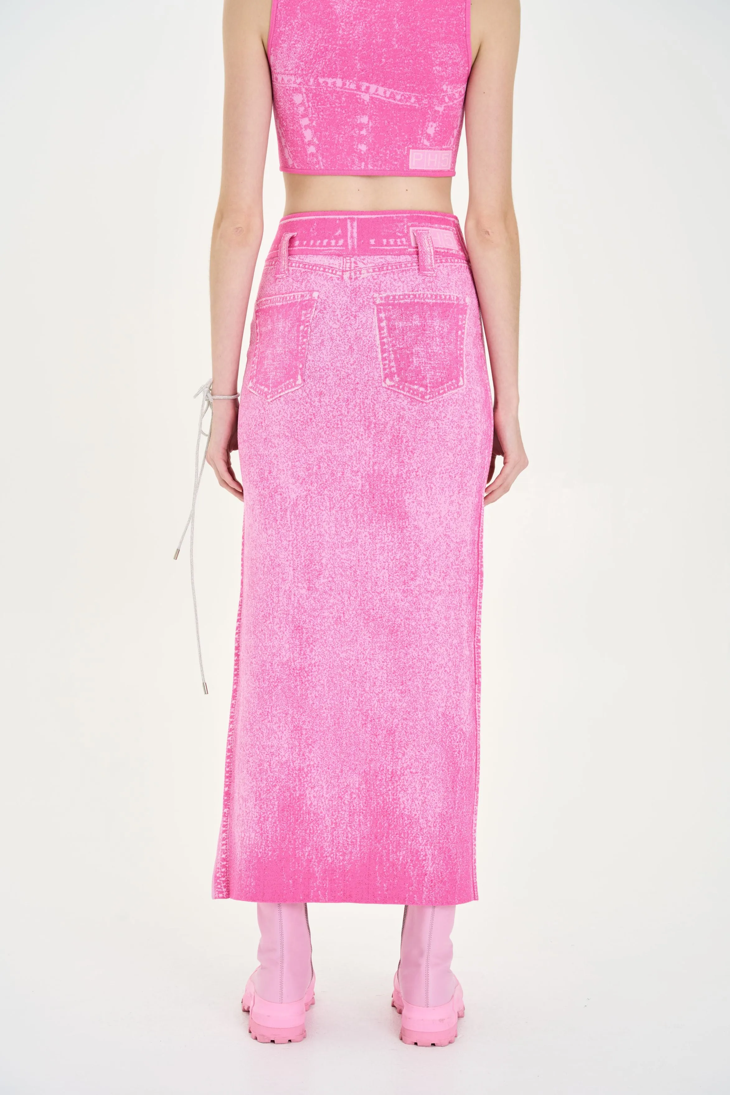 LILY DENIM PRINT WAVY LONG SKIRT Wide-leg cut