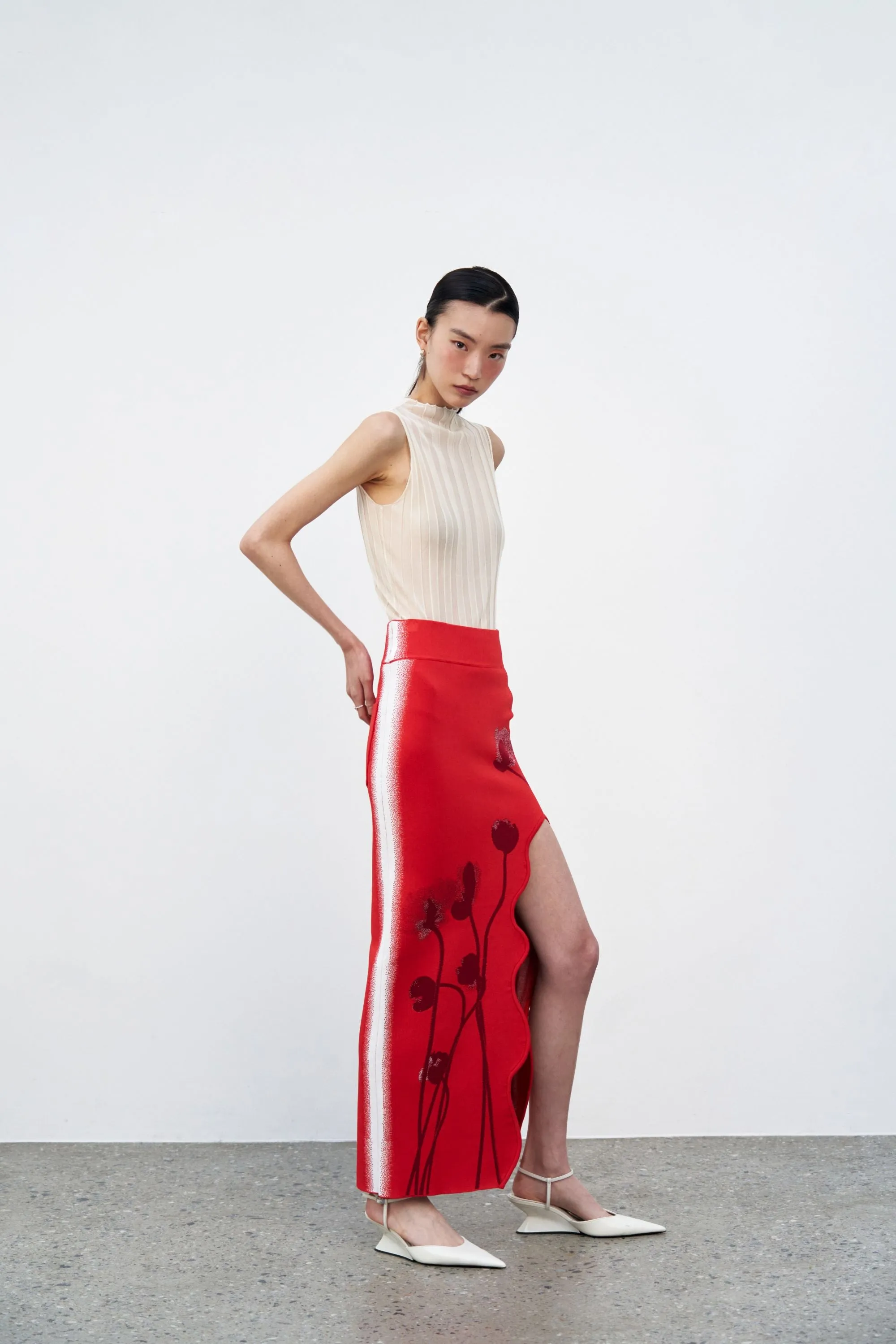 Formal Look Cozy Stretch LILY FLOWER PRINT WAVY MIDI SKIRT